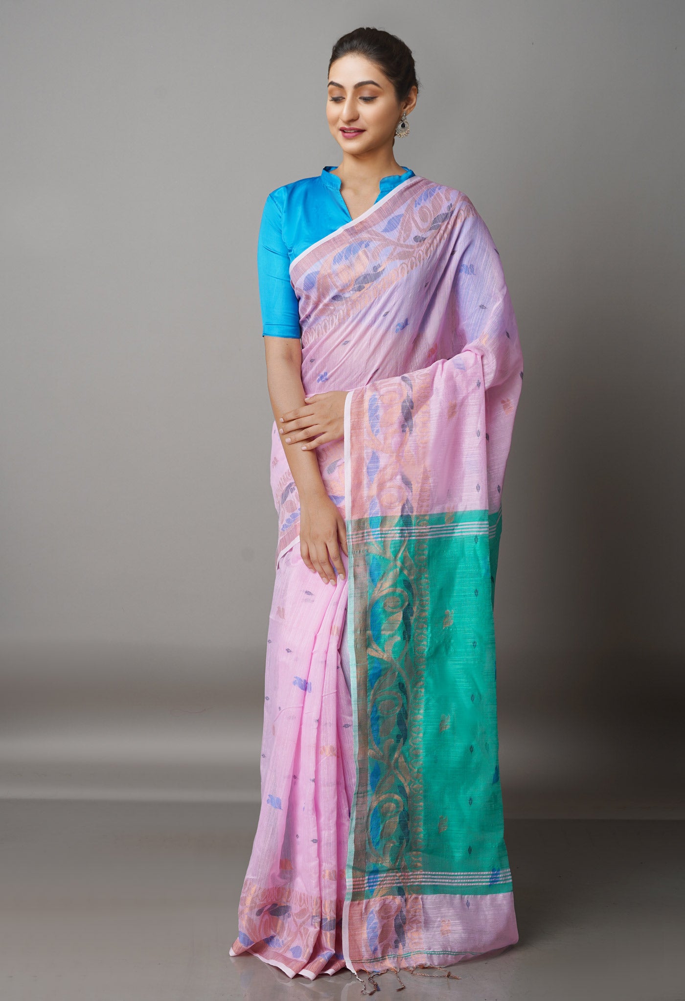 Baby Pink-Green Handloom Jamdhani Bengal Sico Saree-UNM68322
