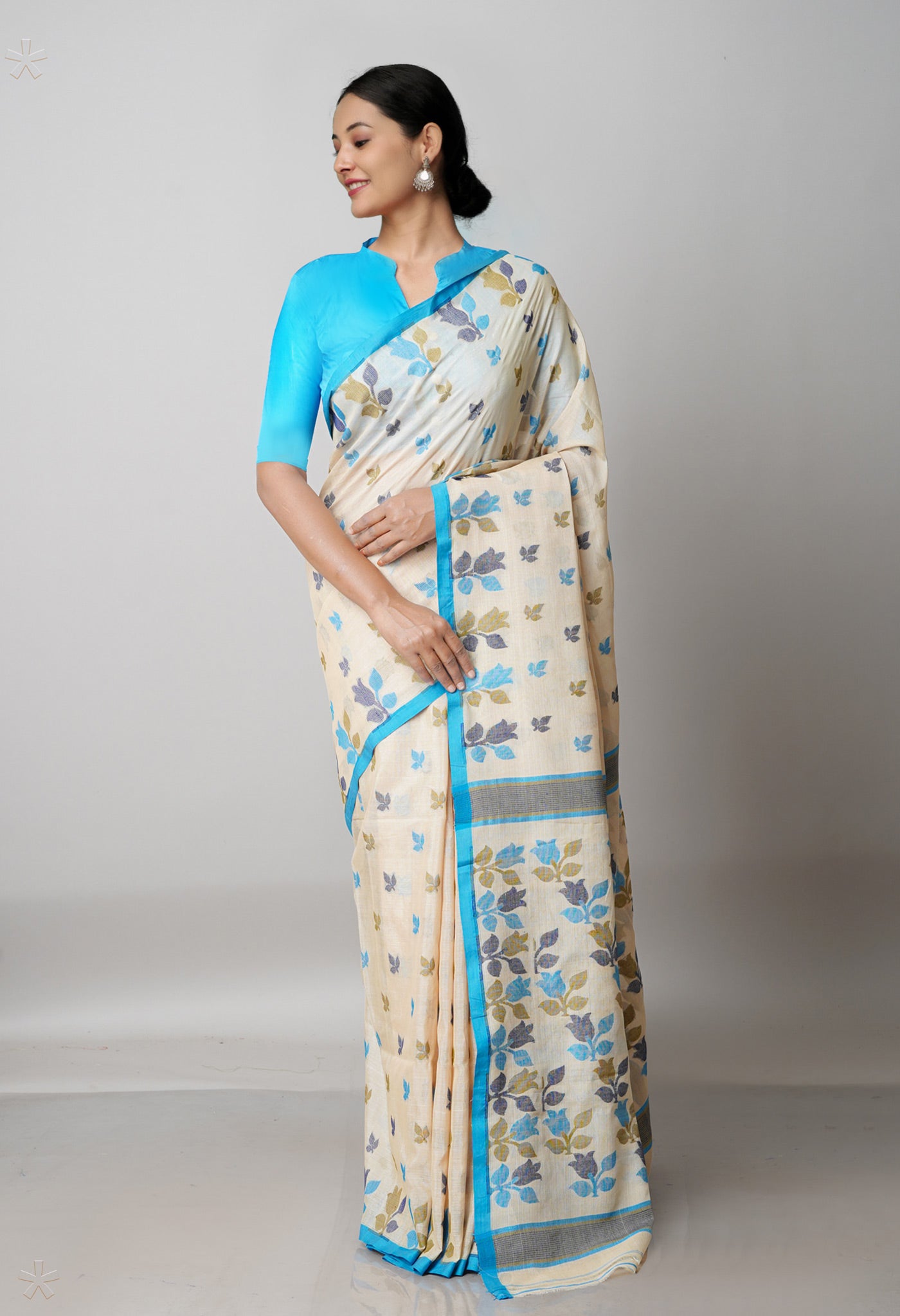Beige Pure Handloom Tussar Jamdhani Bengal Cotton Silk Saree
