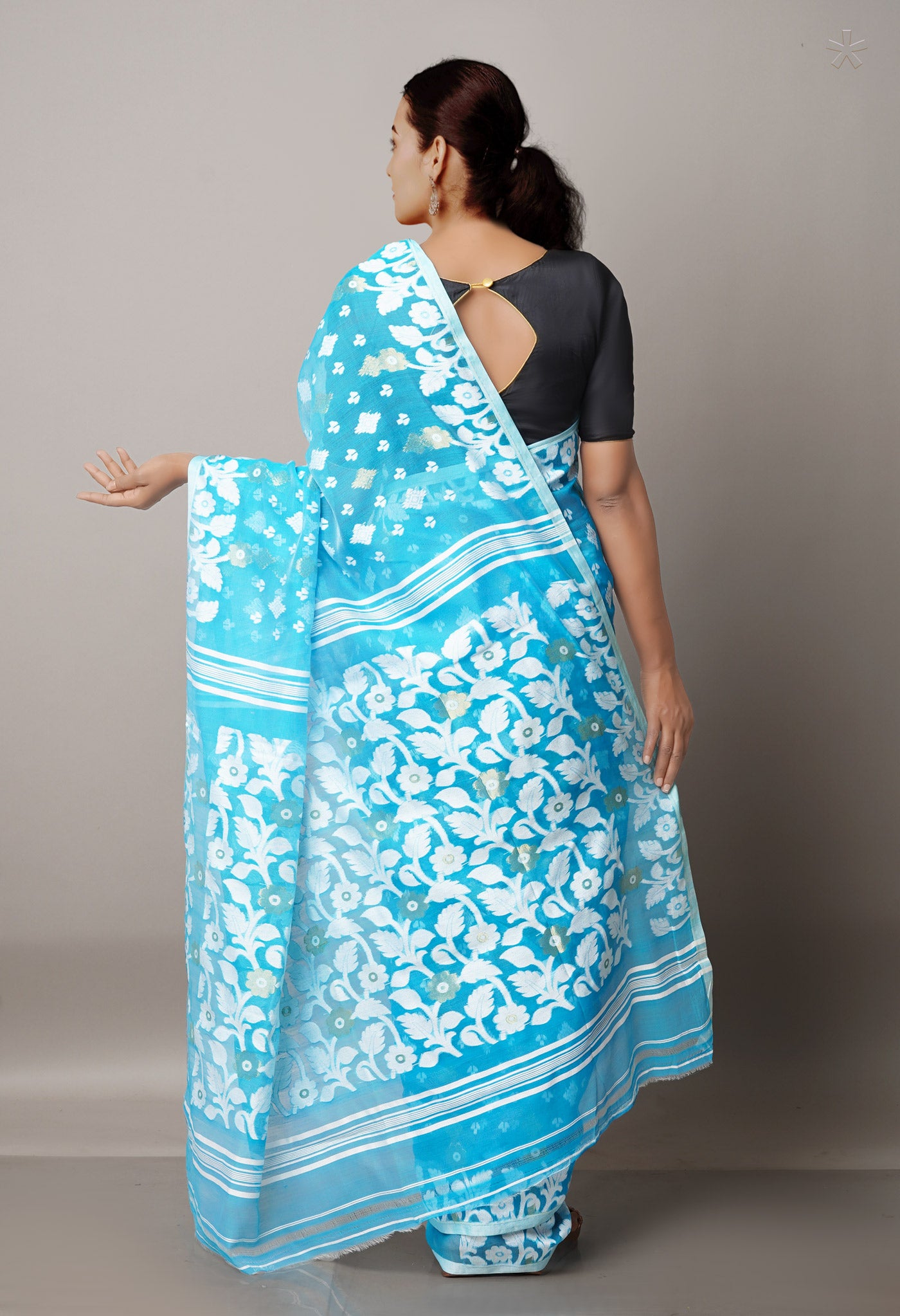 Blue Pure Handloom Jamdhani Bengal Cotton Silk Saree