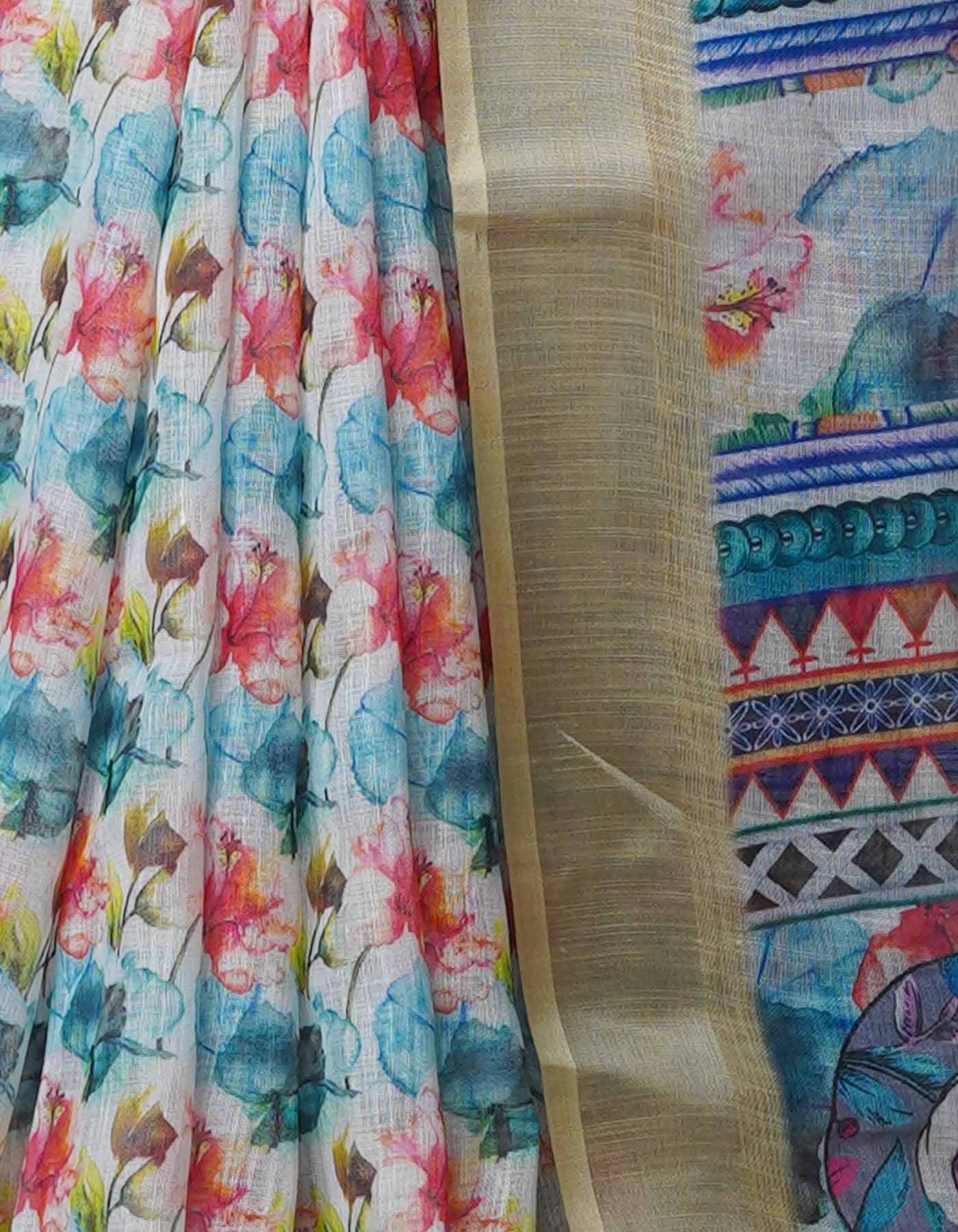 Multi Digital Printed Linen Saree