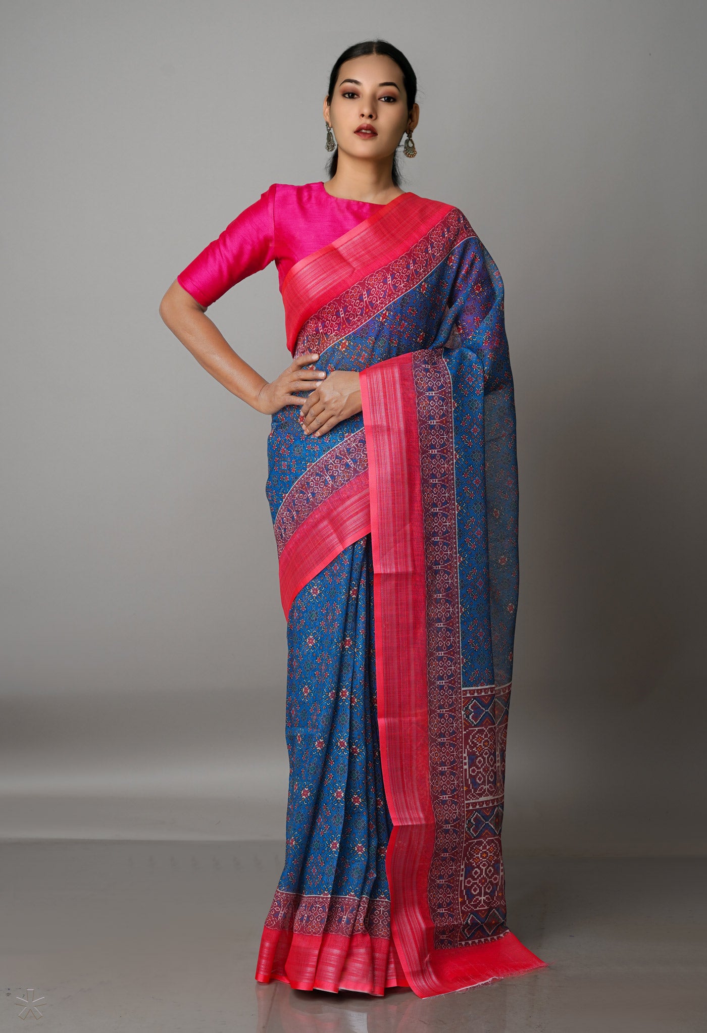 Blue Digital Printed Linen Saree