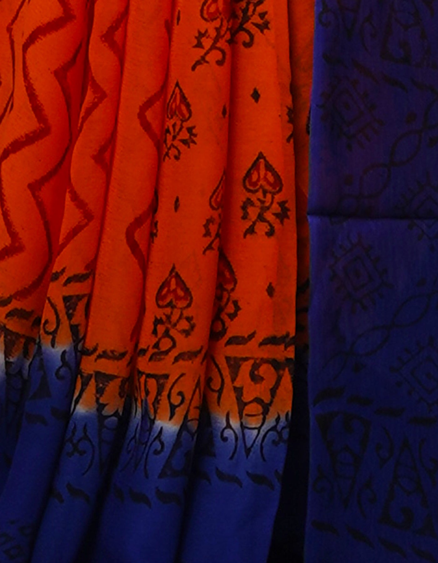 Orange-Blue Diamond Chiffion Rapid Hand Block Printed Silk Saree