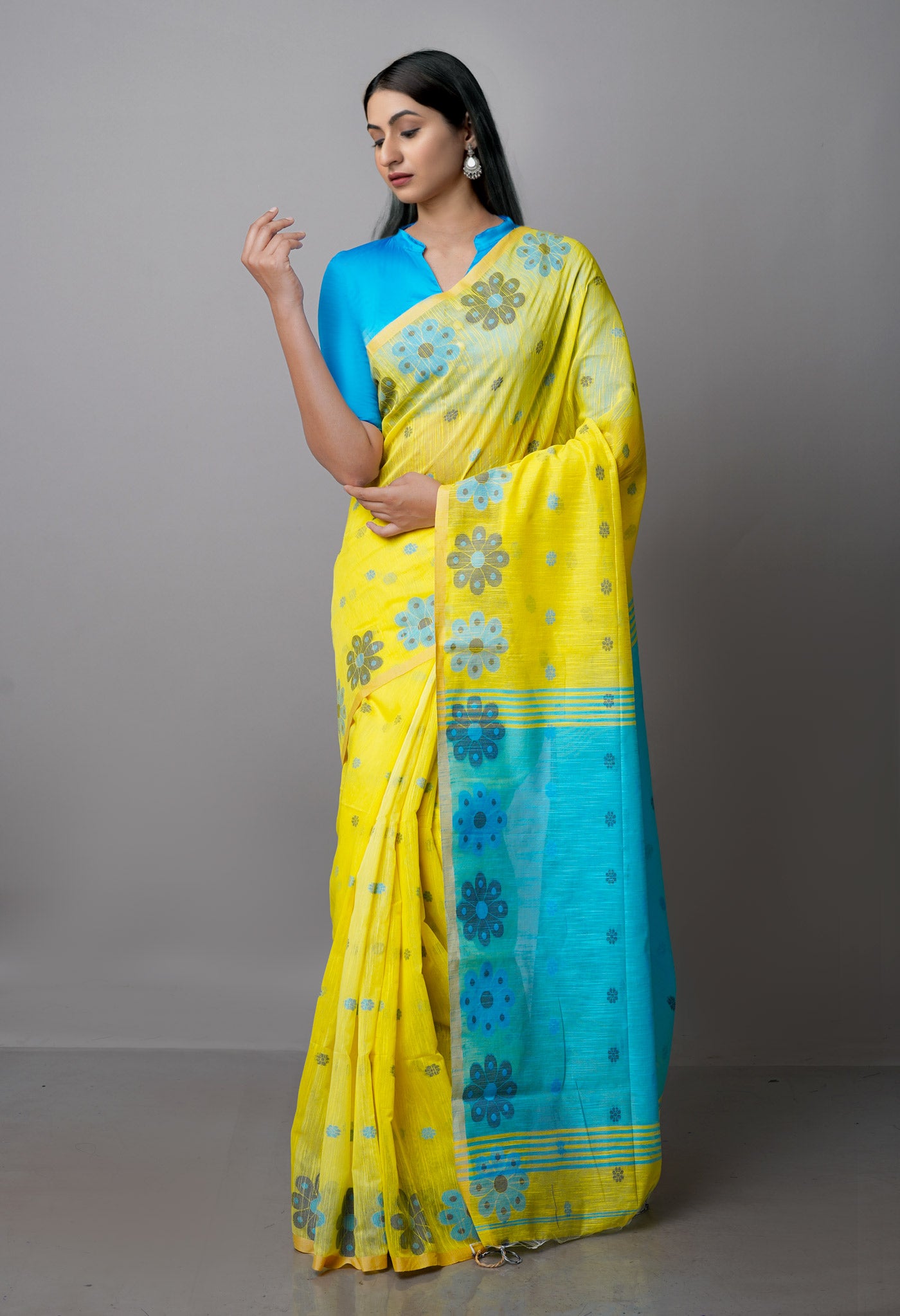 Yellow Pure Handloom Jamdhani Bengal Sico Saree-UNM69426