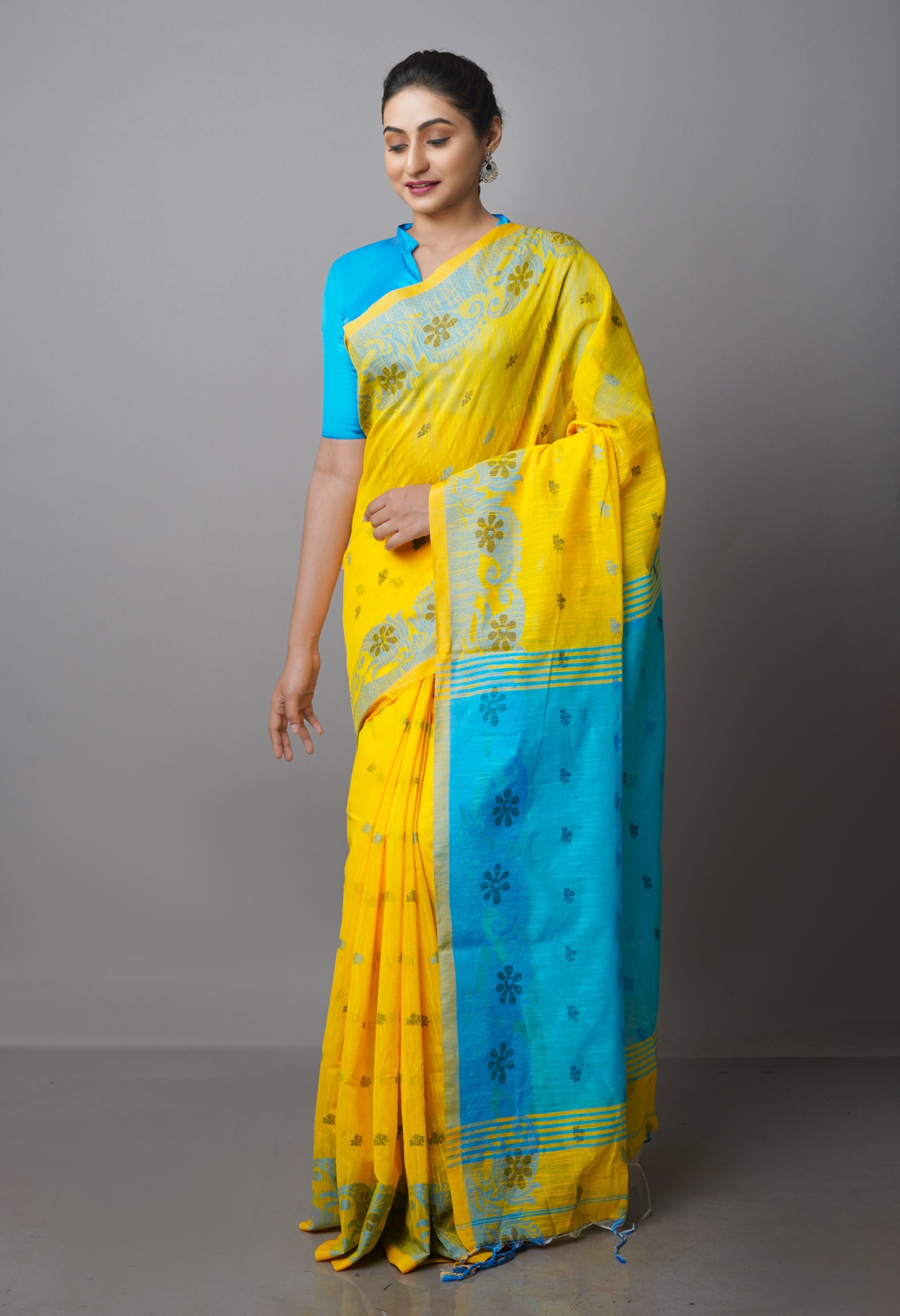 Yellow Pure Handloom Jamdhani Bengal Sico Saree-UNM69430