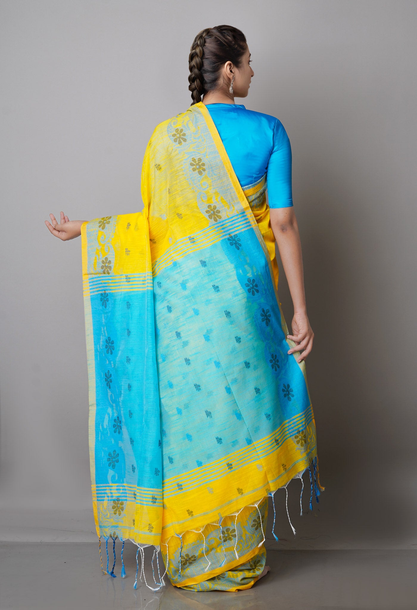 Yellow Pure Handloom Jamdhani Bengal Sico Saree-UNM69430