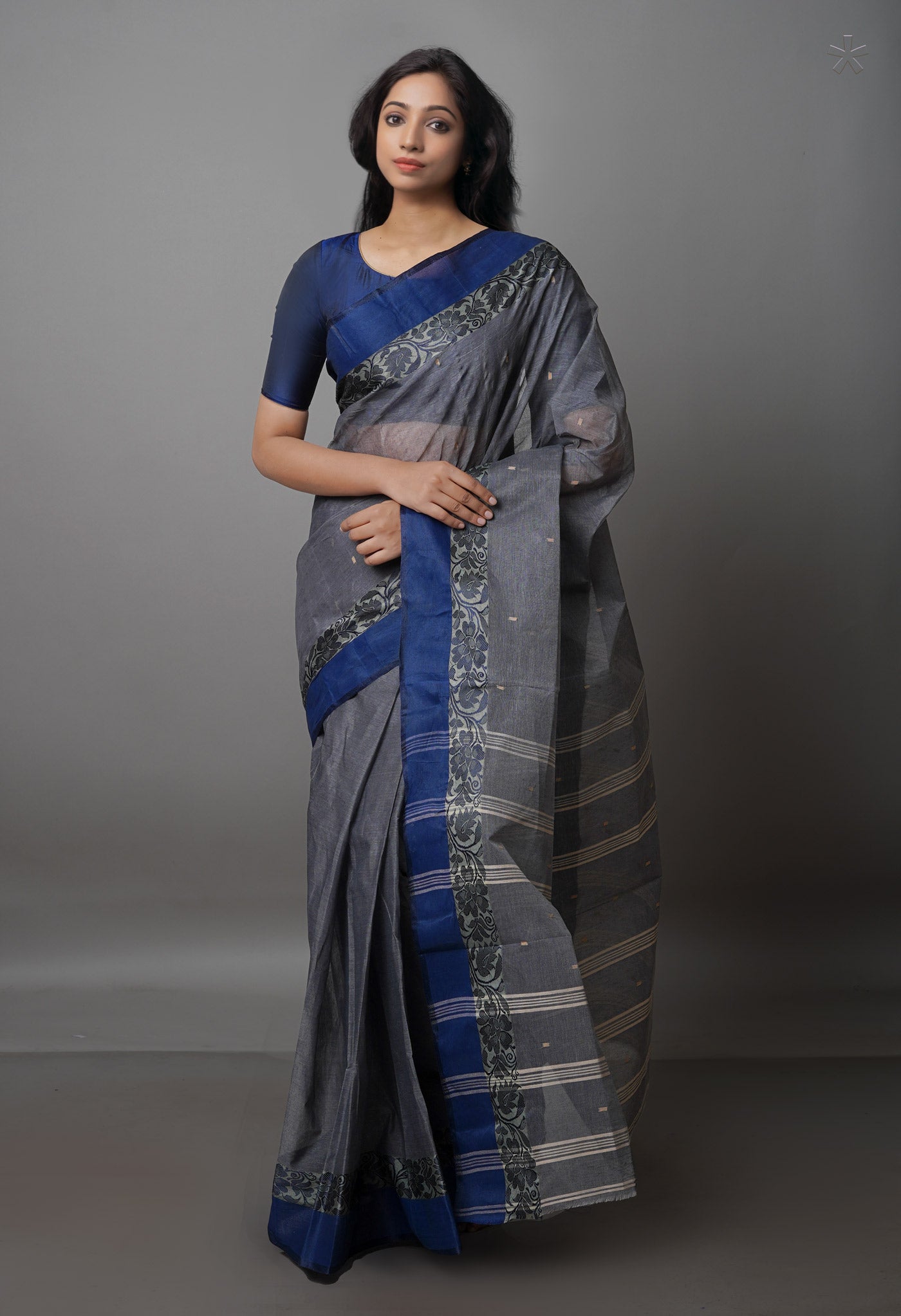 Grey Pure Handloom Superfine Bengal Cotton Saree-UNM69598