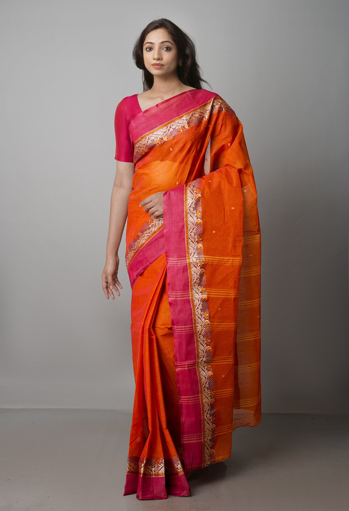 Rust Orange Pure Handloom Superfine Bengal Cotton Saree-UNM69601