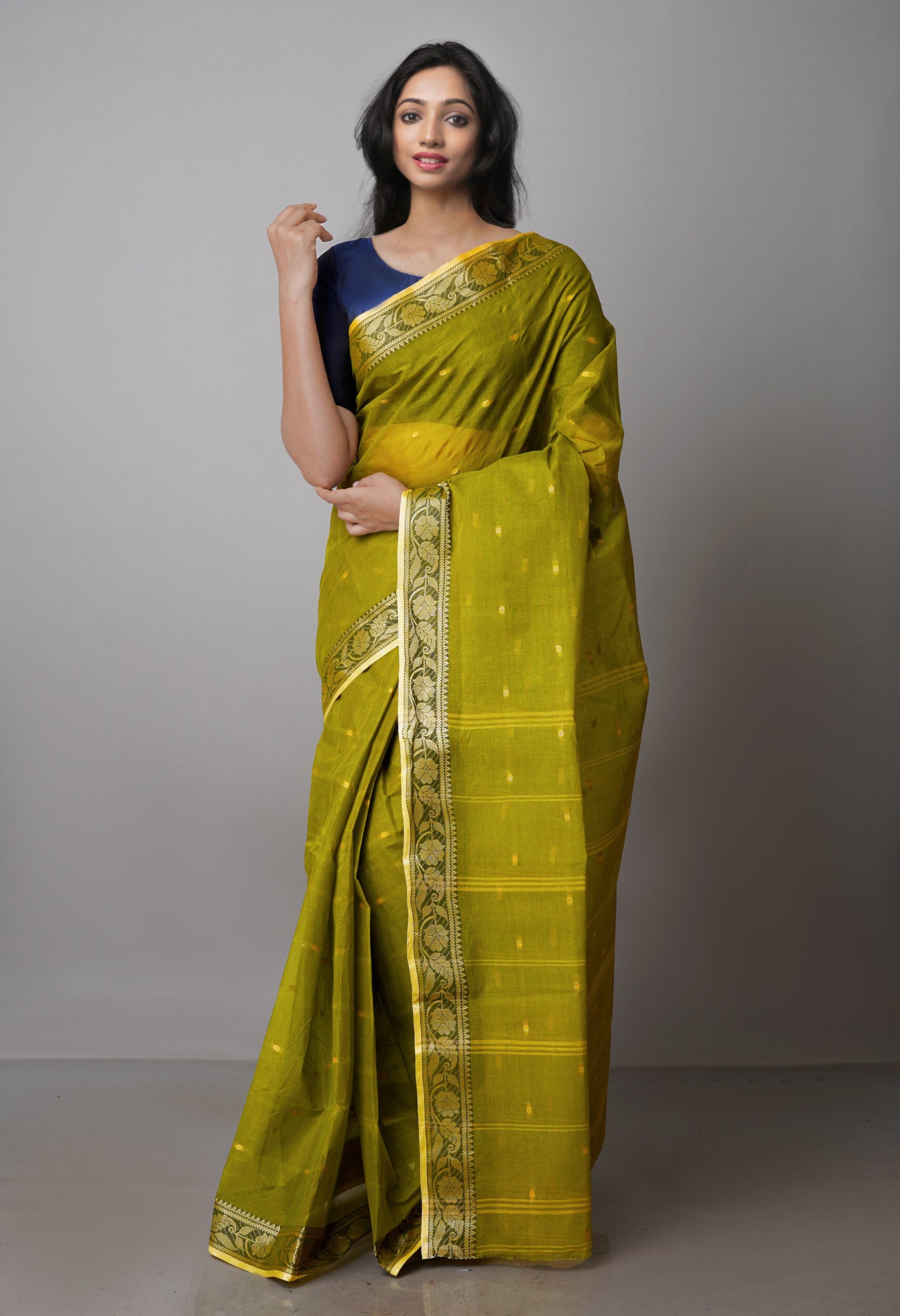 Olive Green Pure Handloom Superfine Bengal Cotton Saree-UNM69607