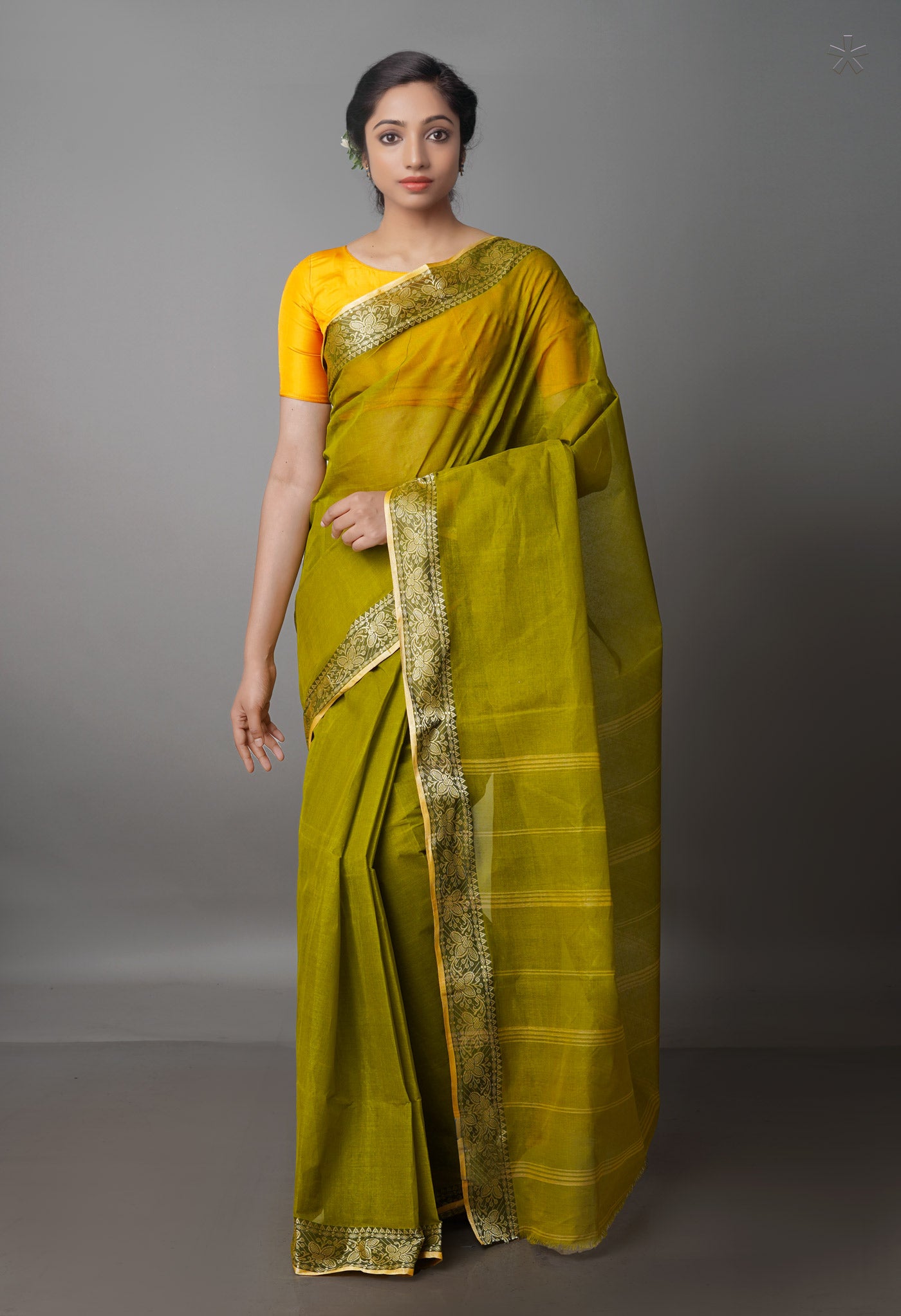 Olive Green Pure Handloom Superfine Bengal Cotton Saree-UNM69685