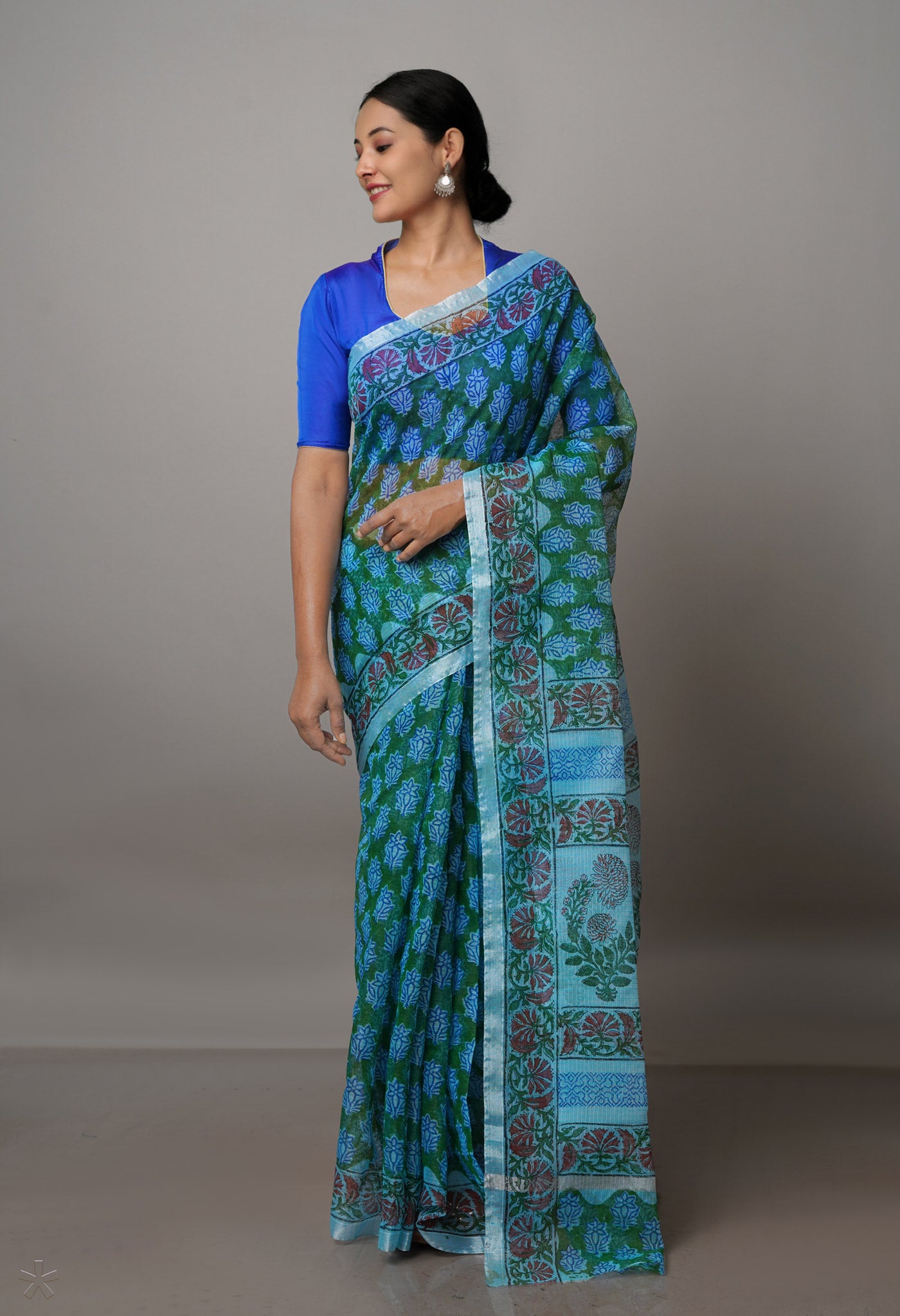 Dark Green Pure Block Printed Kota Cotton Saree-UNM69855