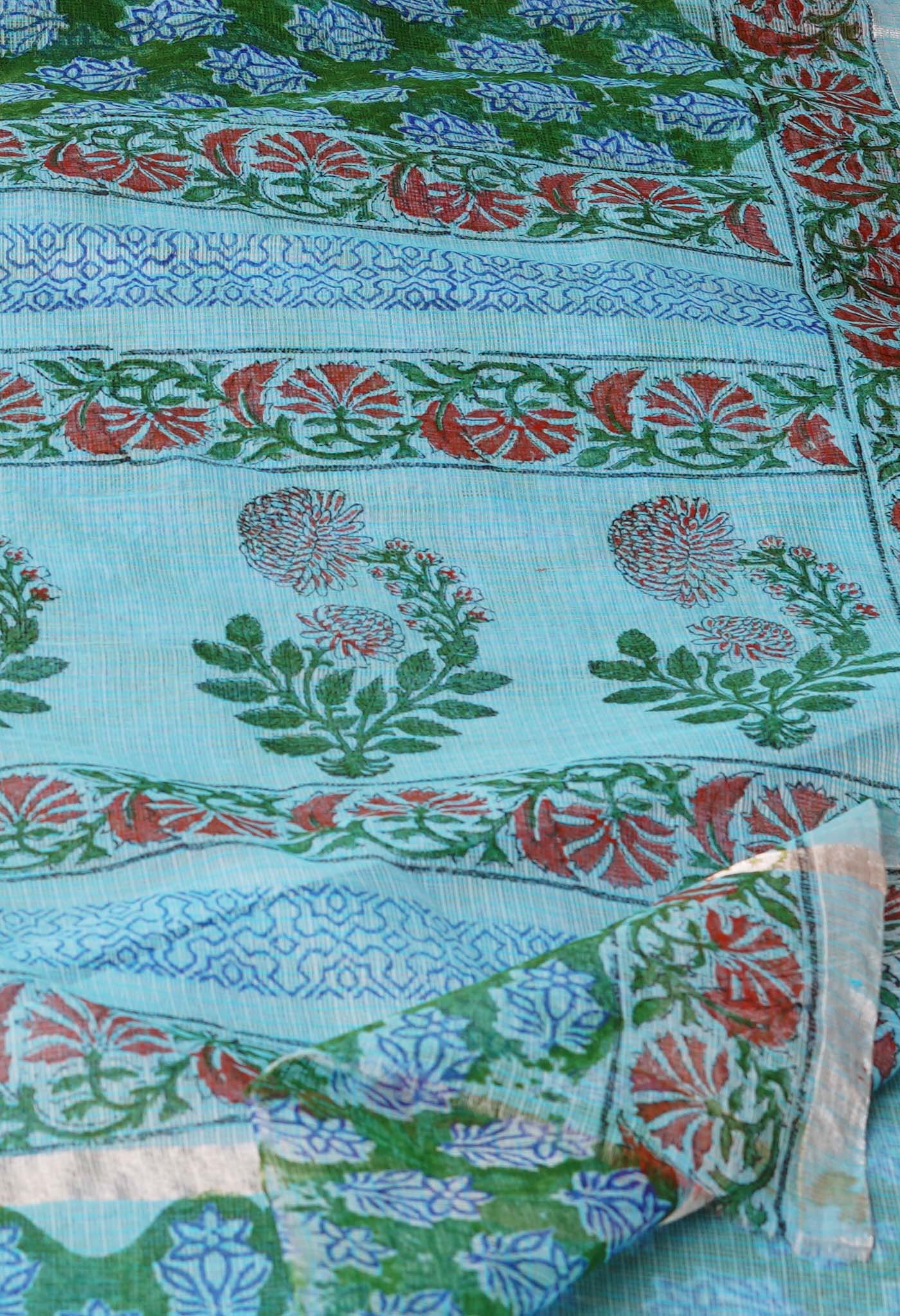 Dark Green Pure Block Printed Kota Cotton Saree-UNM69855