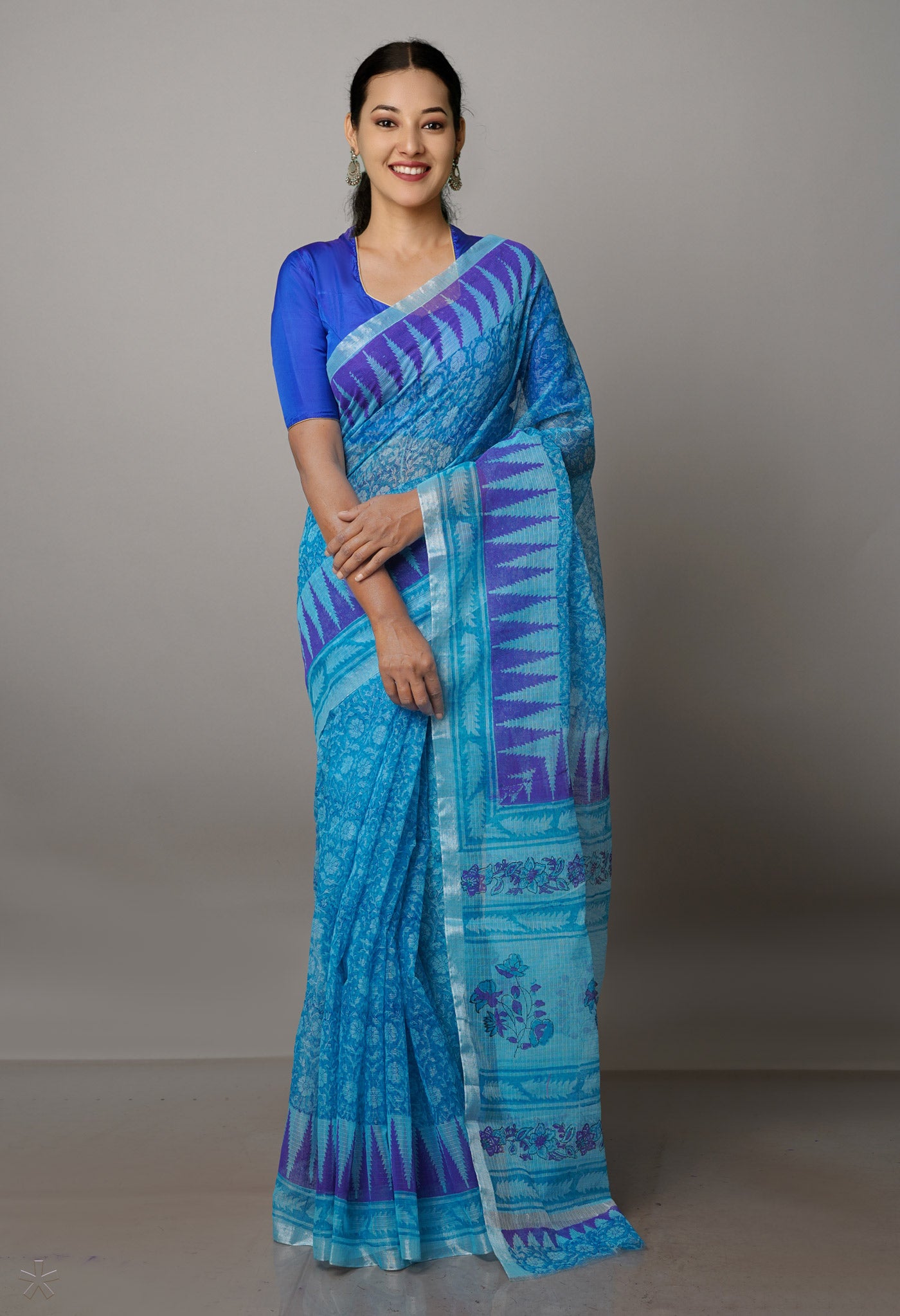 Blue Pure Block Printed Kota Cotton Saree-UNM69858