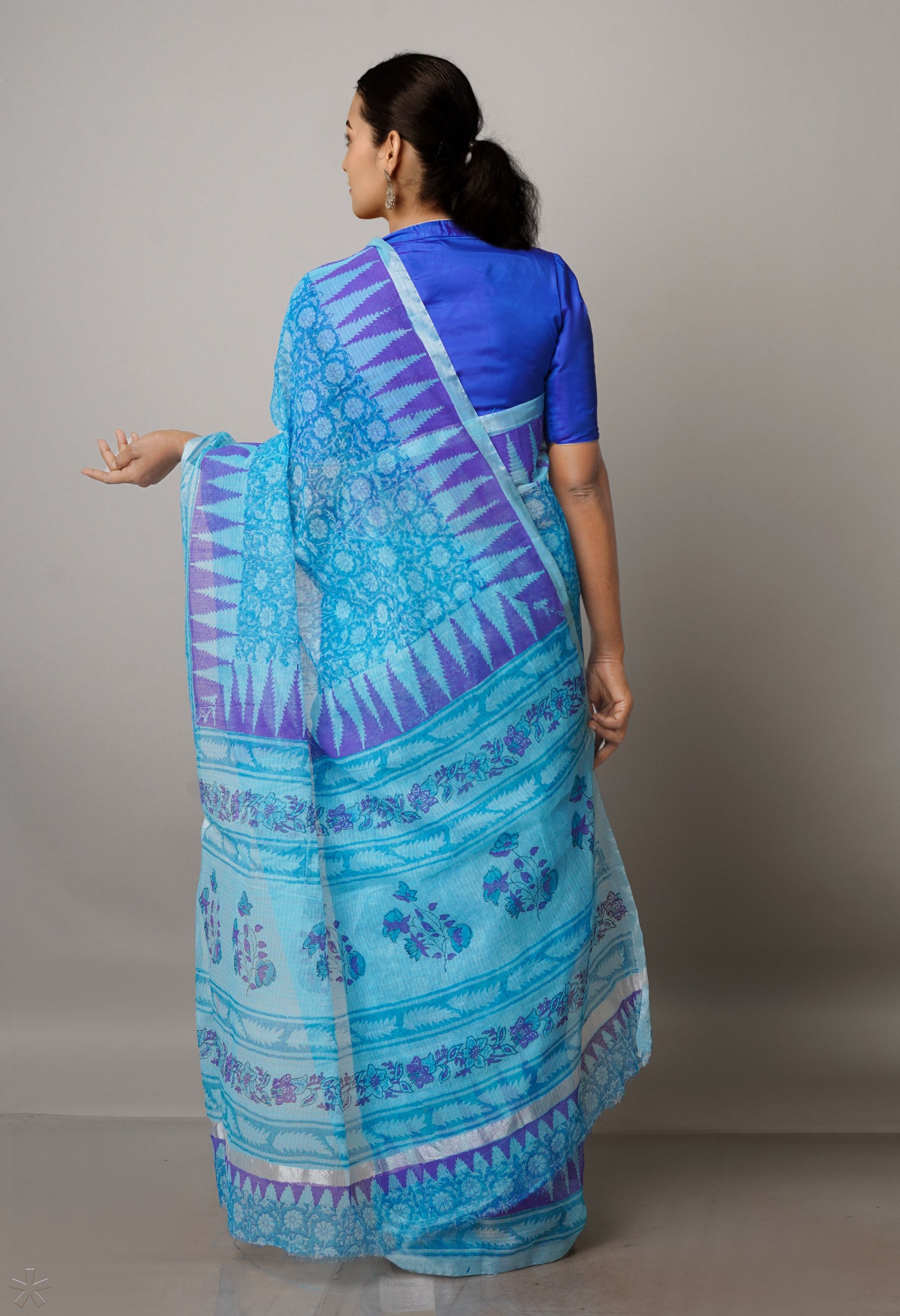 Blue Pure Block Printed Kota Cotton Saree-UNM69858