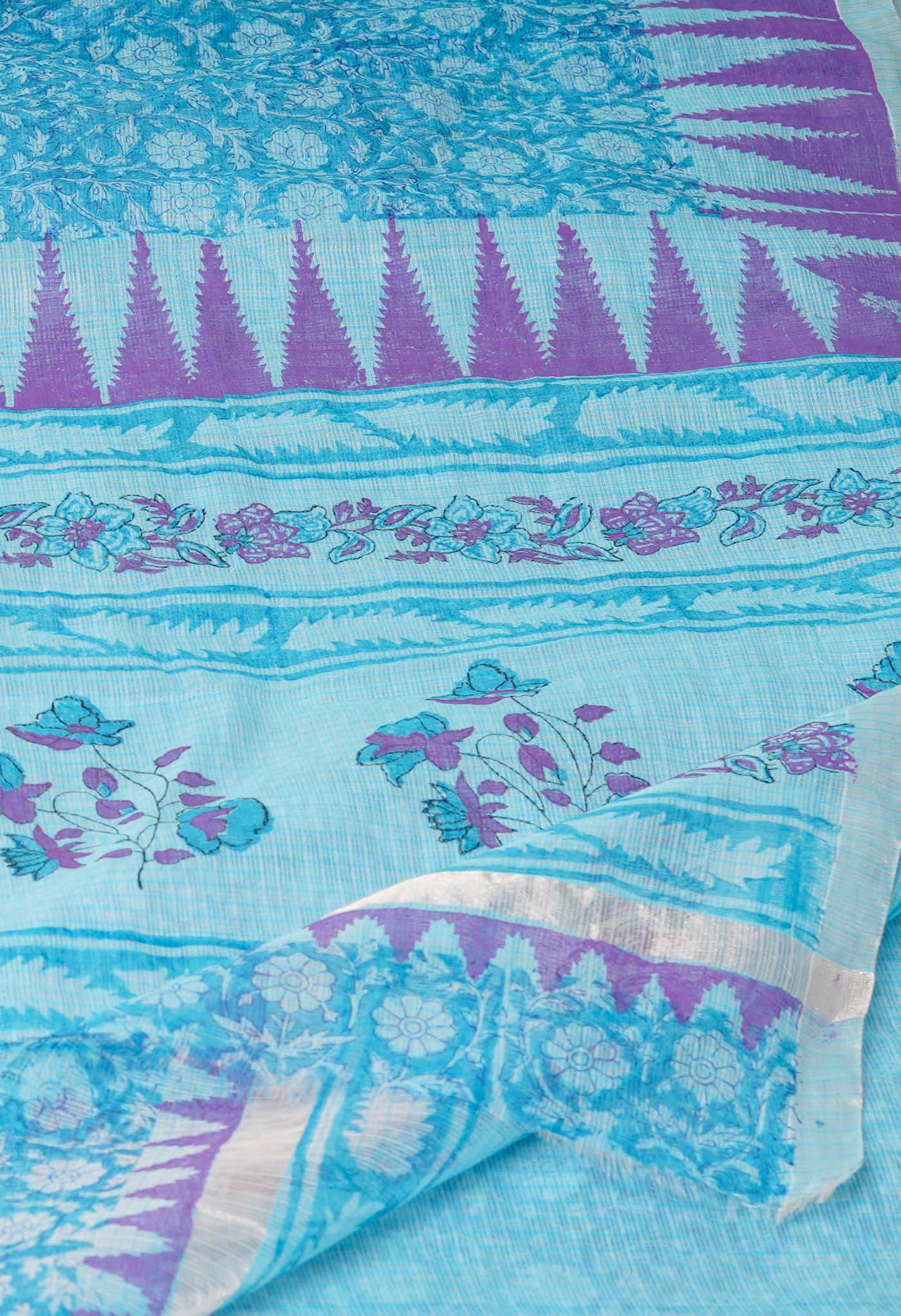 Blue Pure Block Printed Kota Cotton Saree-UNM69858
