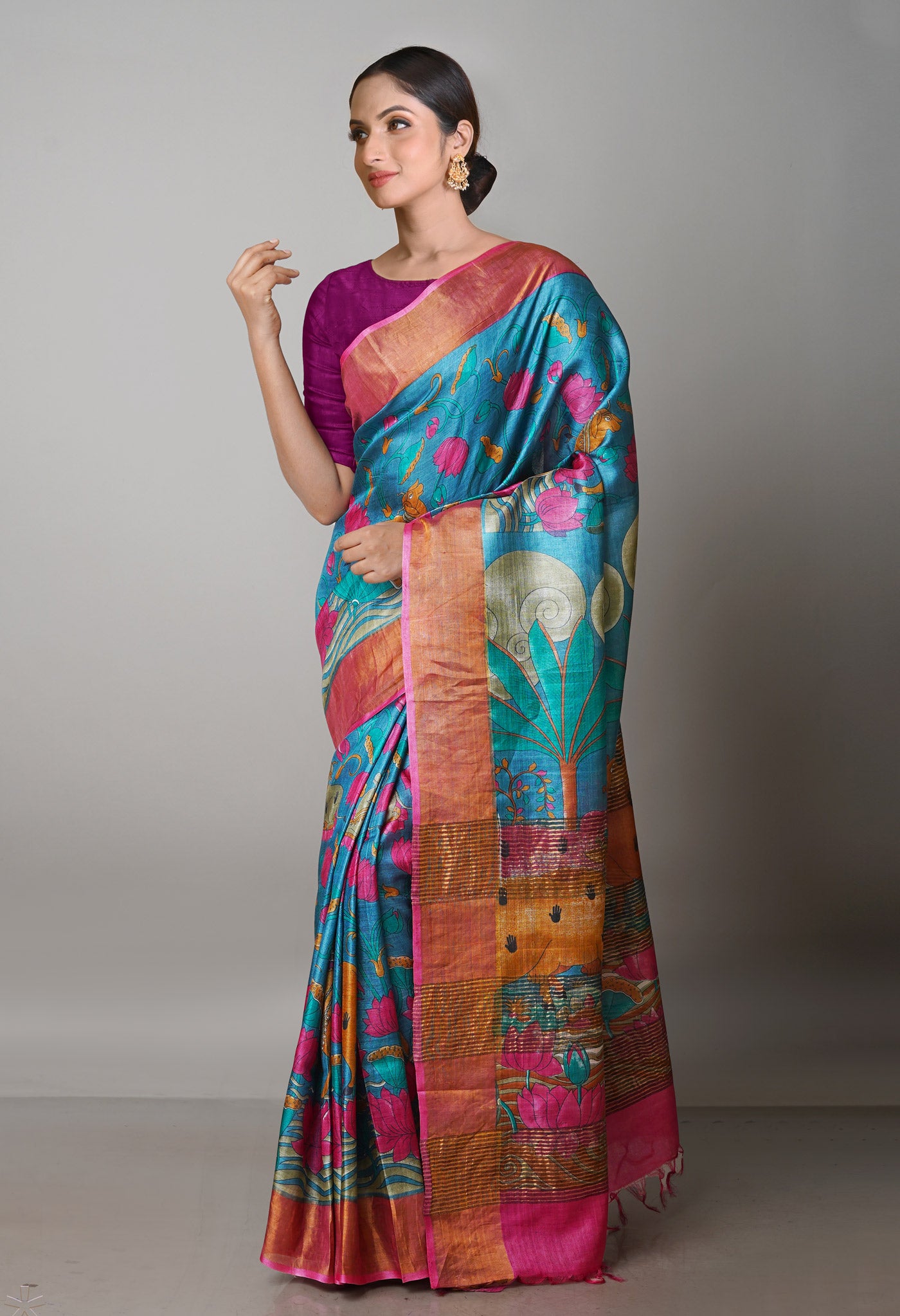 Teal Blue Pure Handloom Bengal Tussar Kalamkari Printed Silk Saree-UNM69862