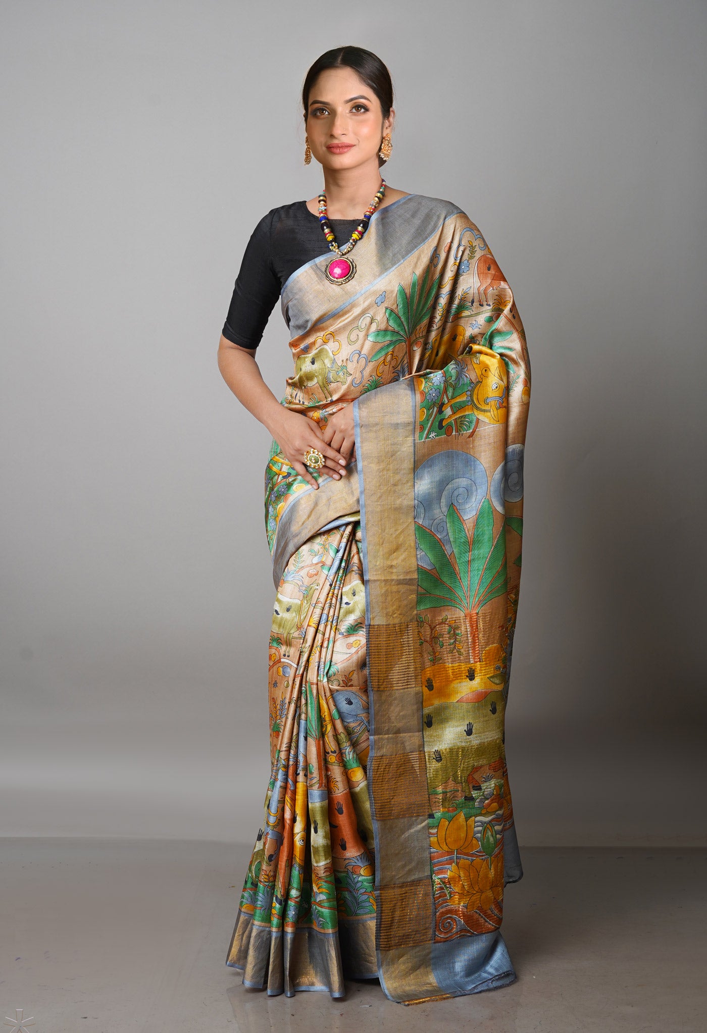 Light Brown Pure Handloom Bengal Tussar Kalamkari Printed Silk Saree-UNM69865