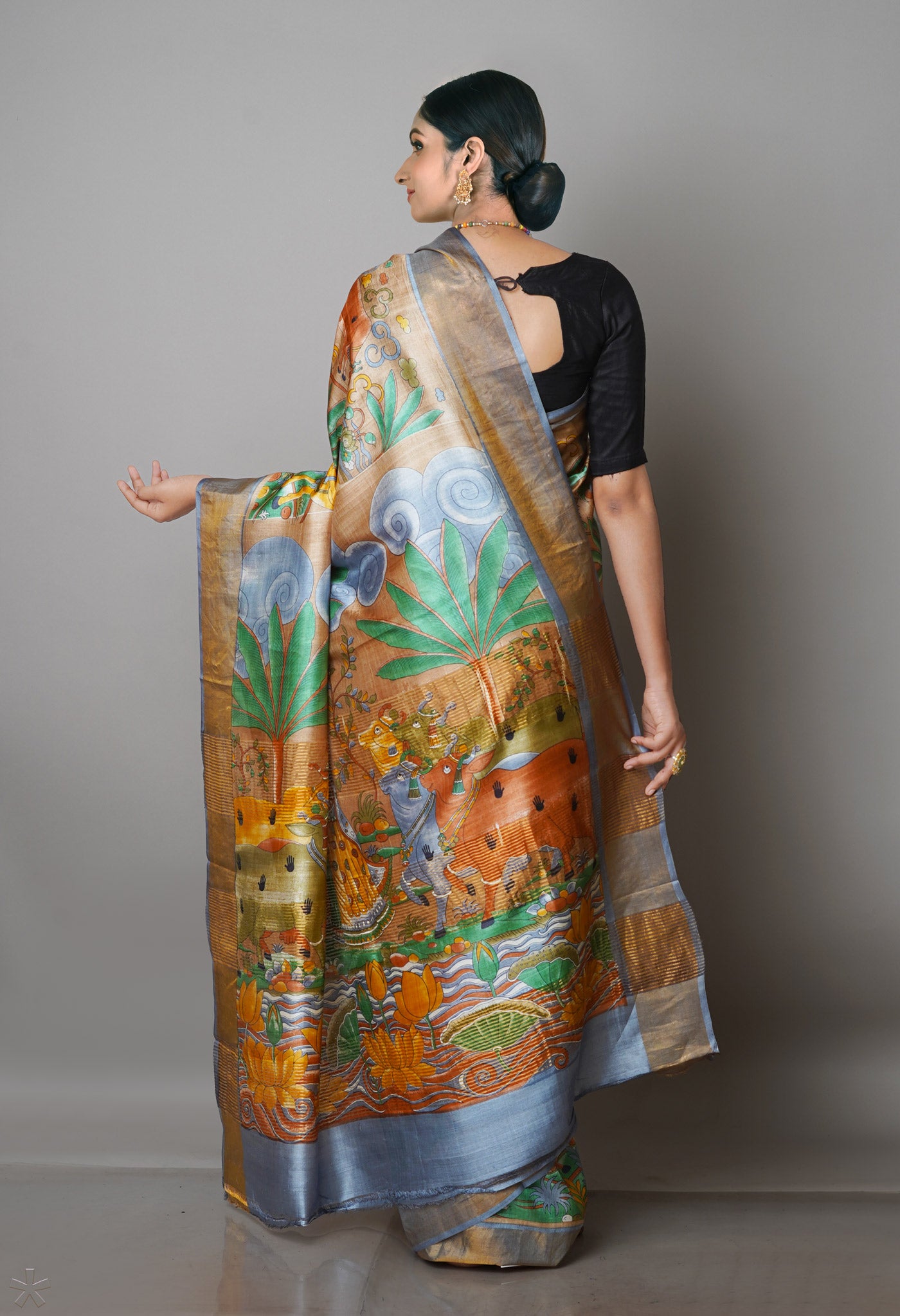 Light Brown Pure Handloom Bengal Tussar Kalamkari Printed Silk Saree-UNM69865