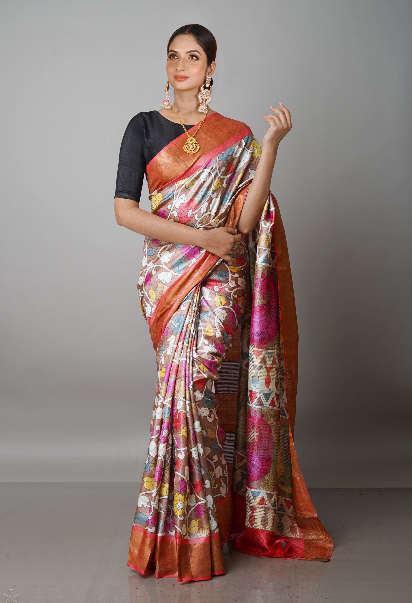 Peach Pink Pure Handloom Bengal Tussar Kalamkari Printed Silk Saree-UNM69870
