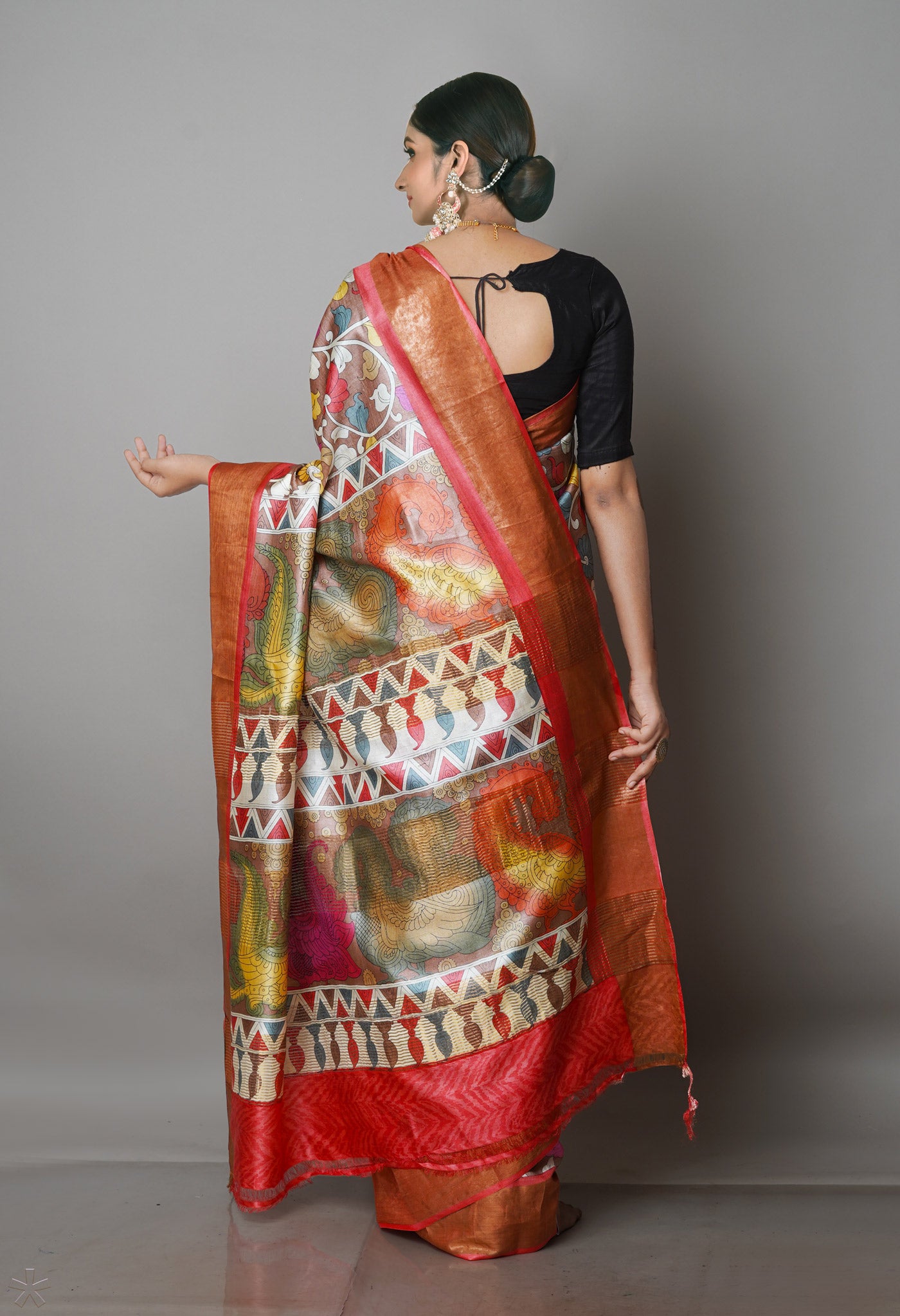Peach Pink Pure Handloom Bengal Tussar Kalamkari Printed Silk Saree-UNM69870
