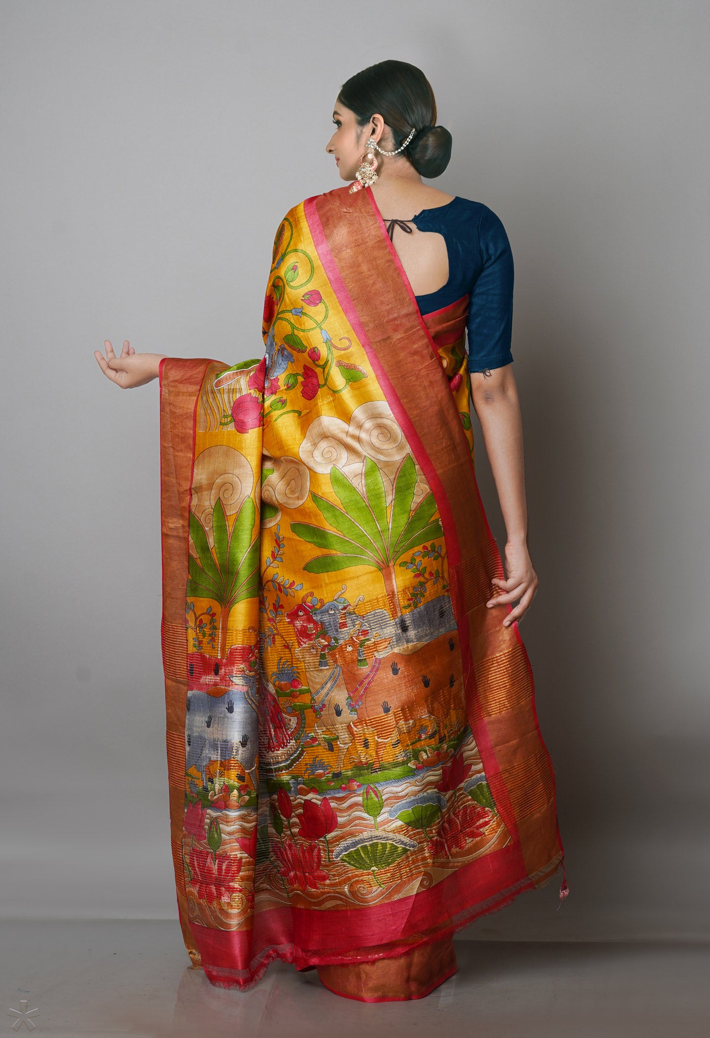 Mustard Yellow Pure Handloom Bengal Tussar Kalamkari Printed Silk Saree-UNM69874