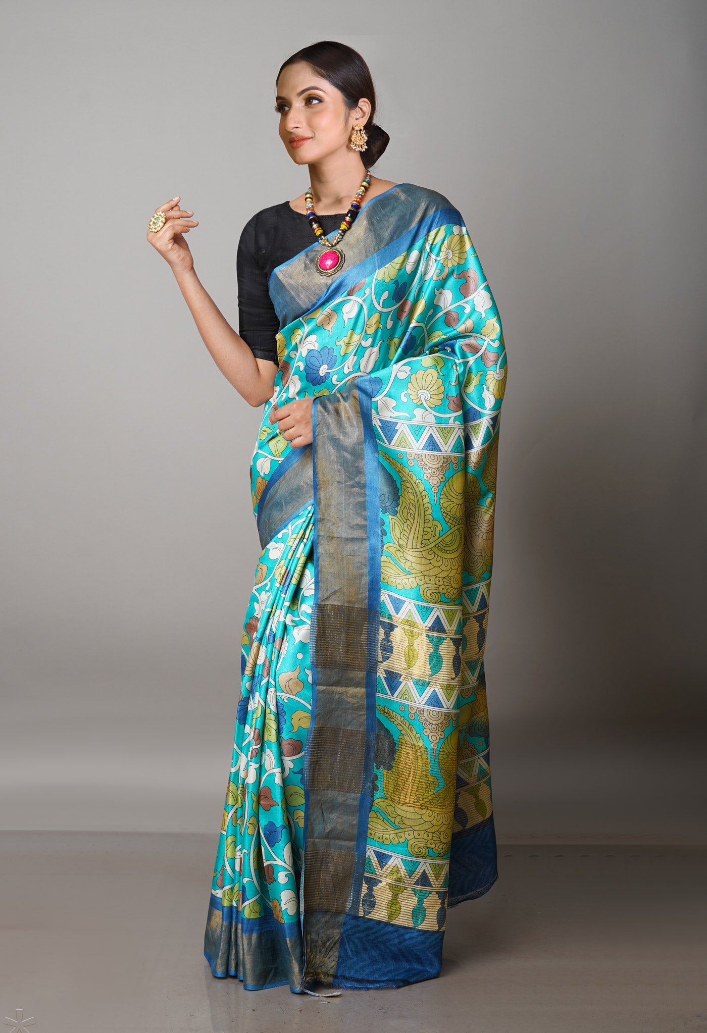 Turquoise Blue Pure Handloom Bengal Tussar Kalamkari Printed Silk Saree-UNM69880