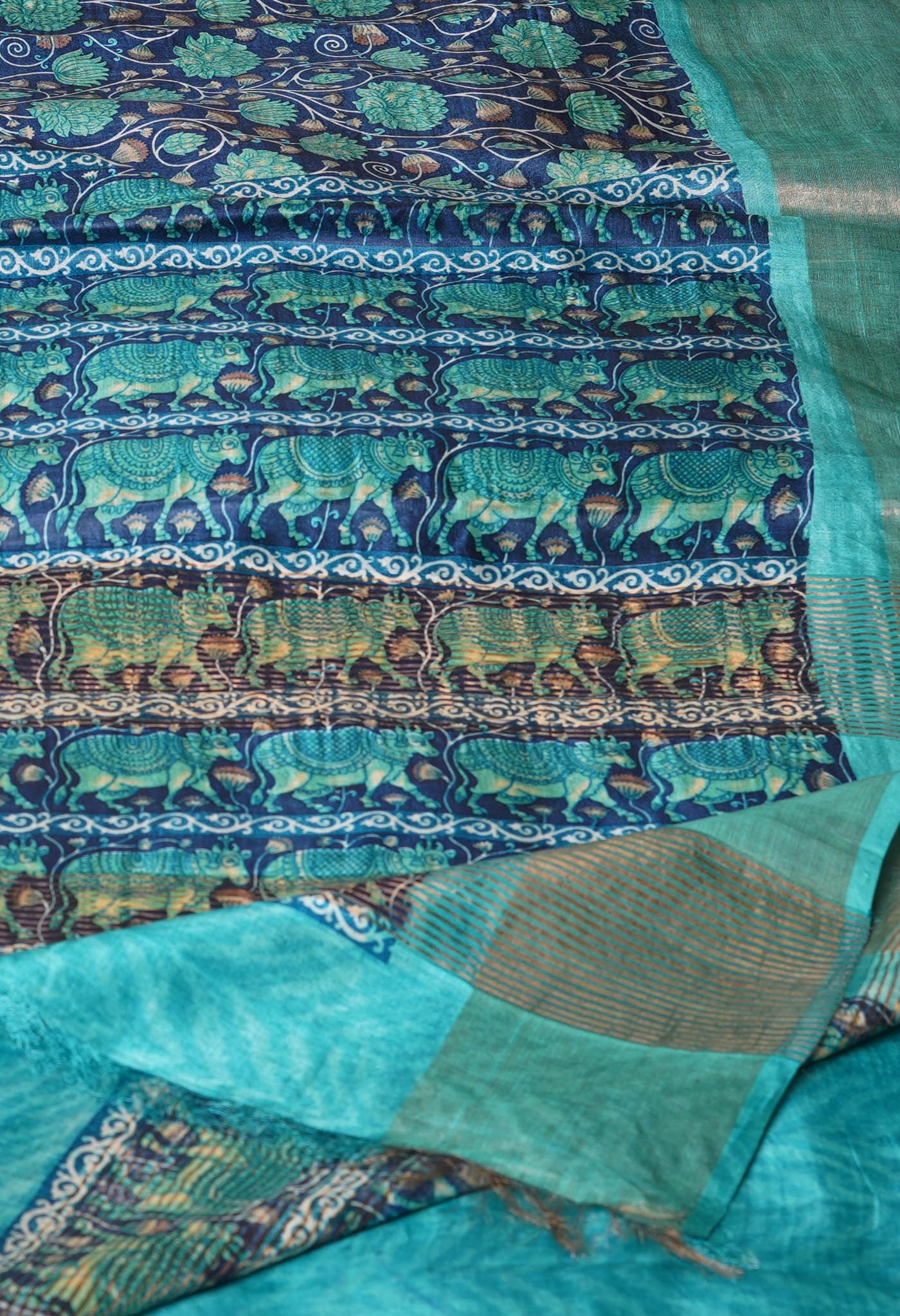 Navy Blue Pure Handloom Bengal Tussar Kalamkari Printed Silk Saree-UNM69883