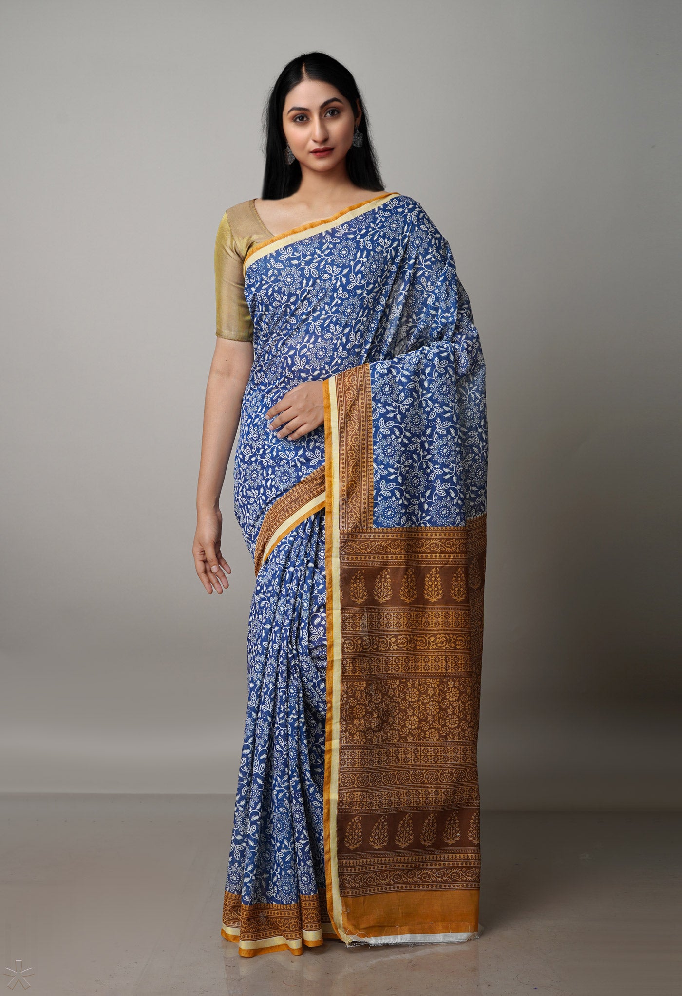 Navy Blue Screen Printed Chanderi Sico Saree