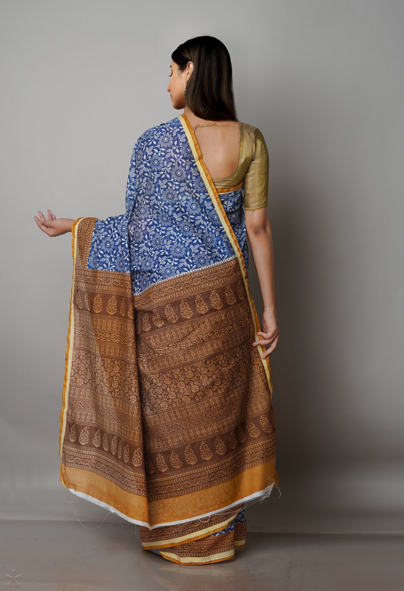 Navy Blue Screen Printed Chanderi Sico Saree
