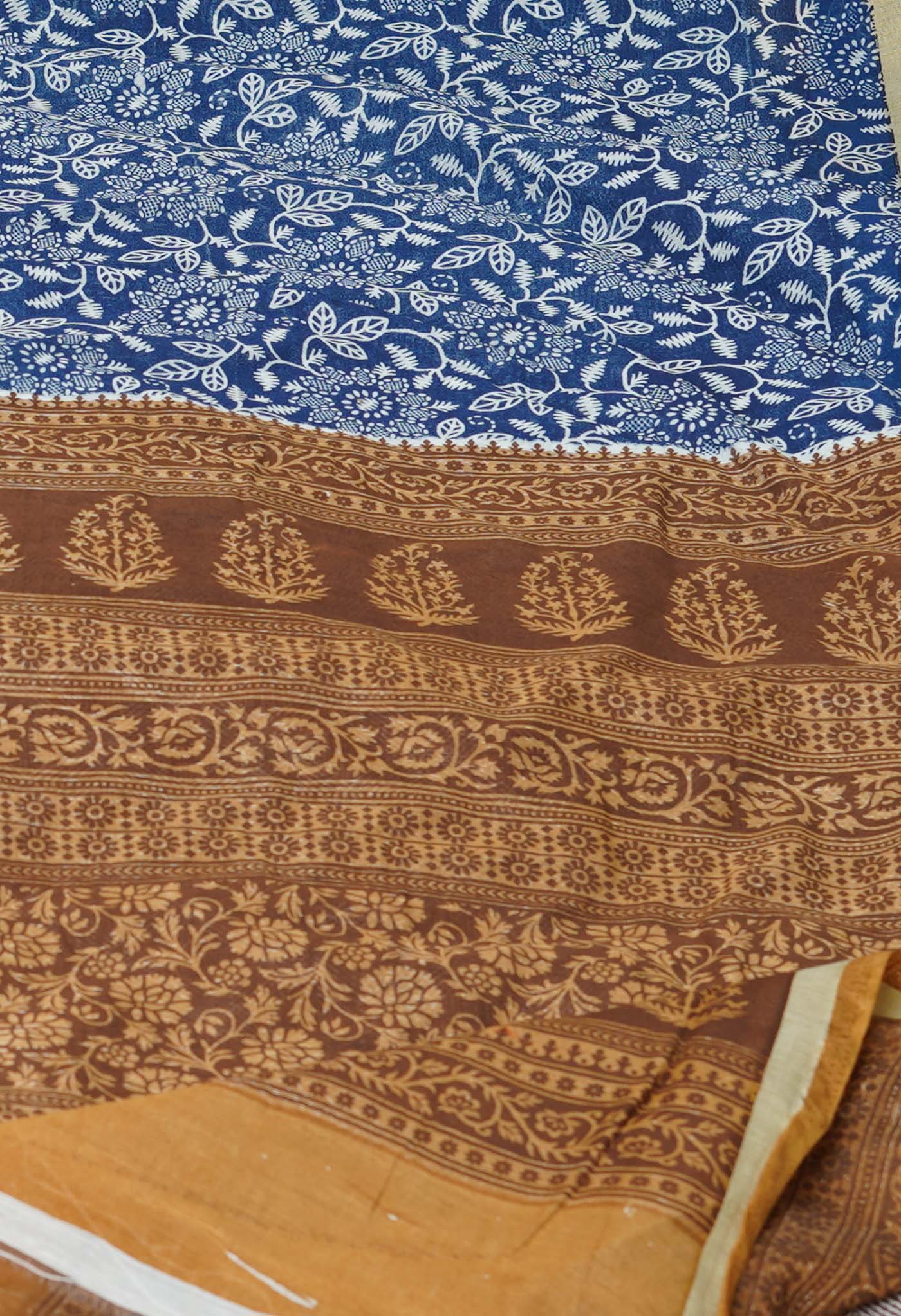 Navy Blue Screen Printed Chanderi Sico Saree