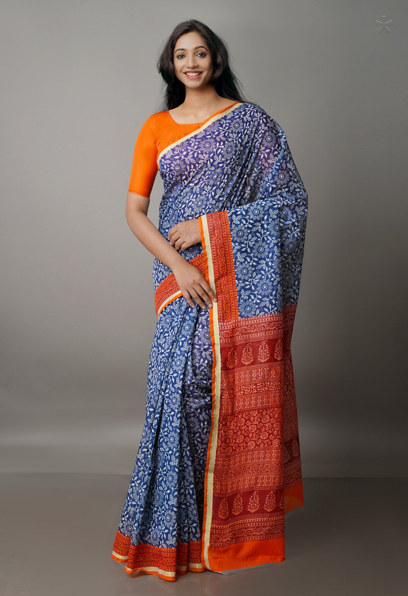 Navy Blue Screen Printed Chanderi Sico Saree