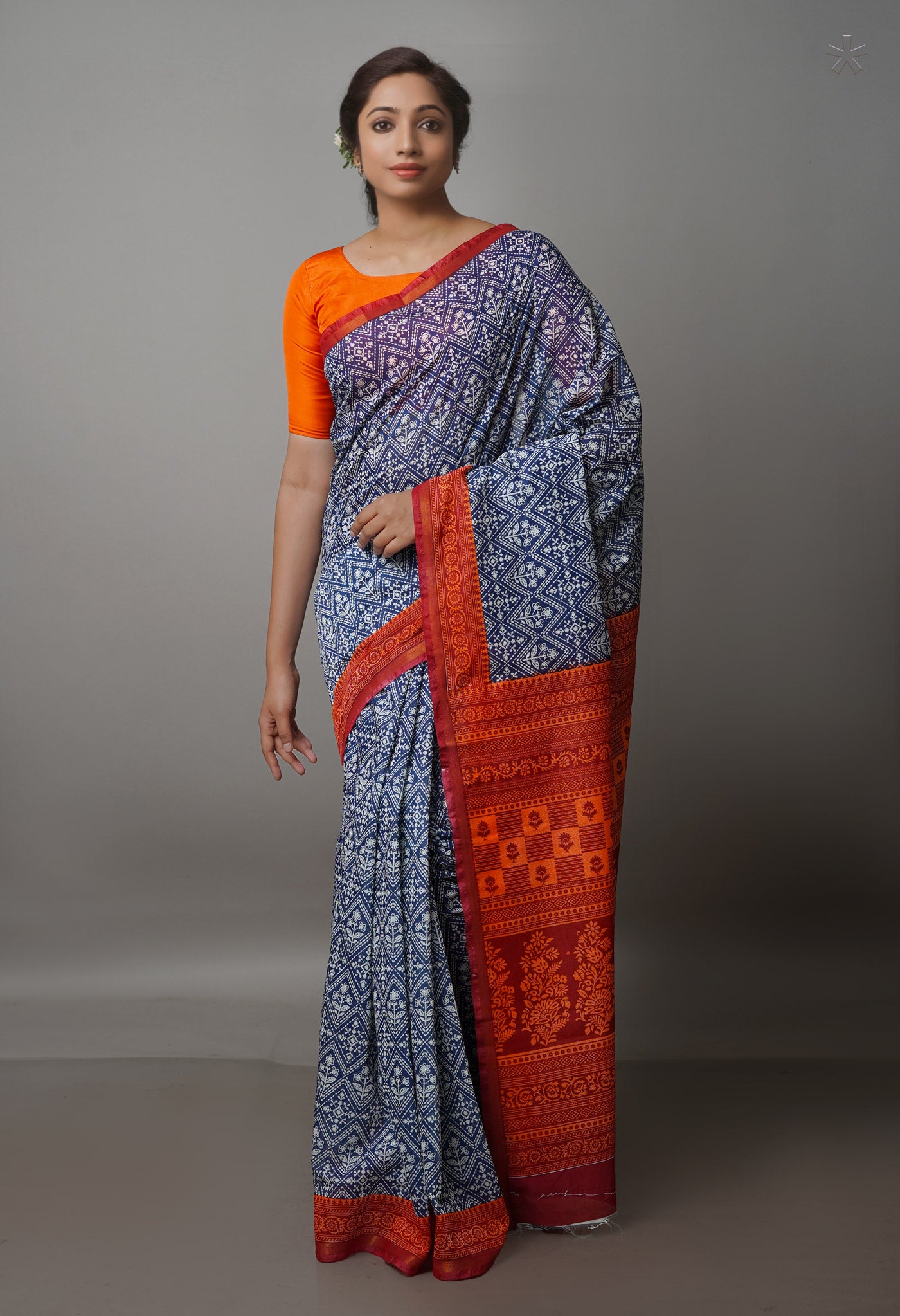 Navy Blue Screen Printed Chanderi Sico Saree