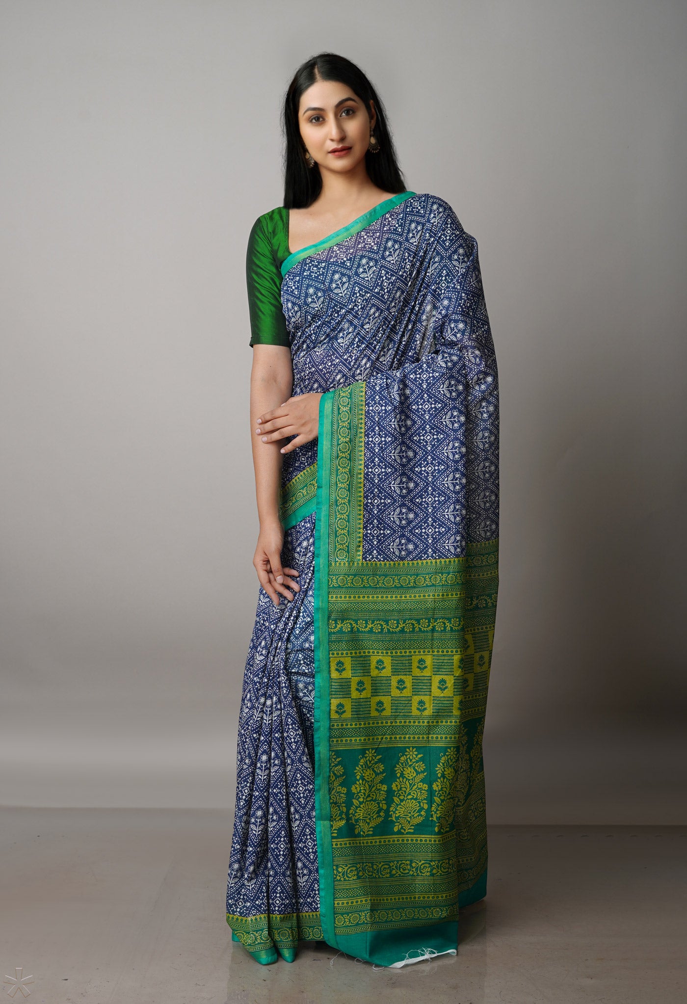 Navy Blue Screen Printed Chanderi Sico Saree