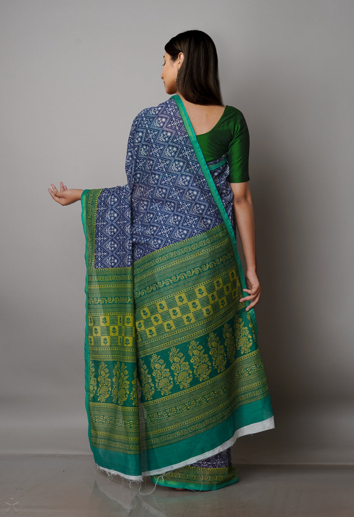 Navy Blue Screen Printed Chanderi Sico Saree