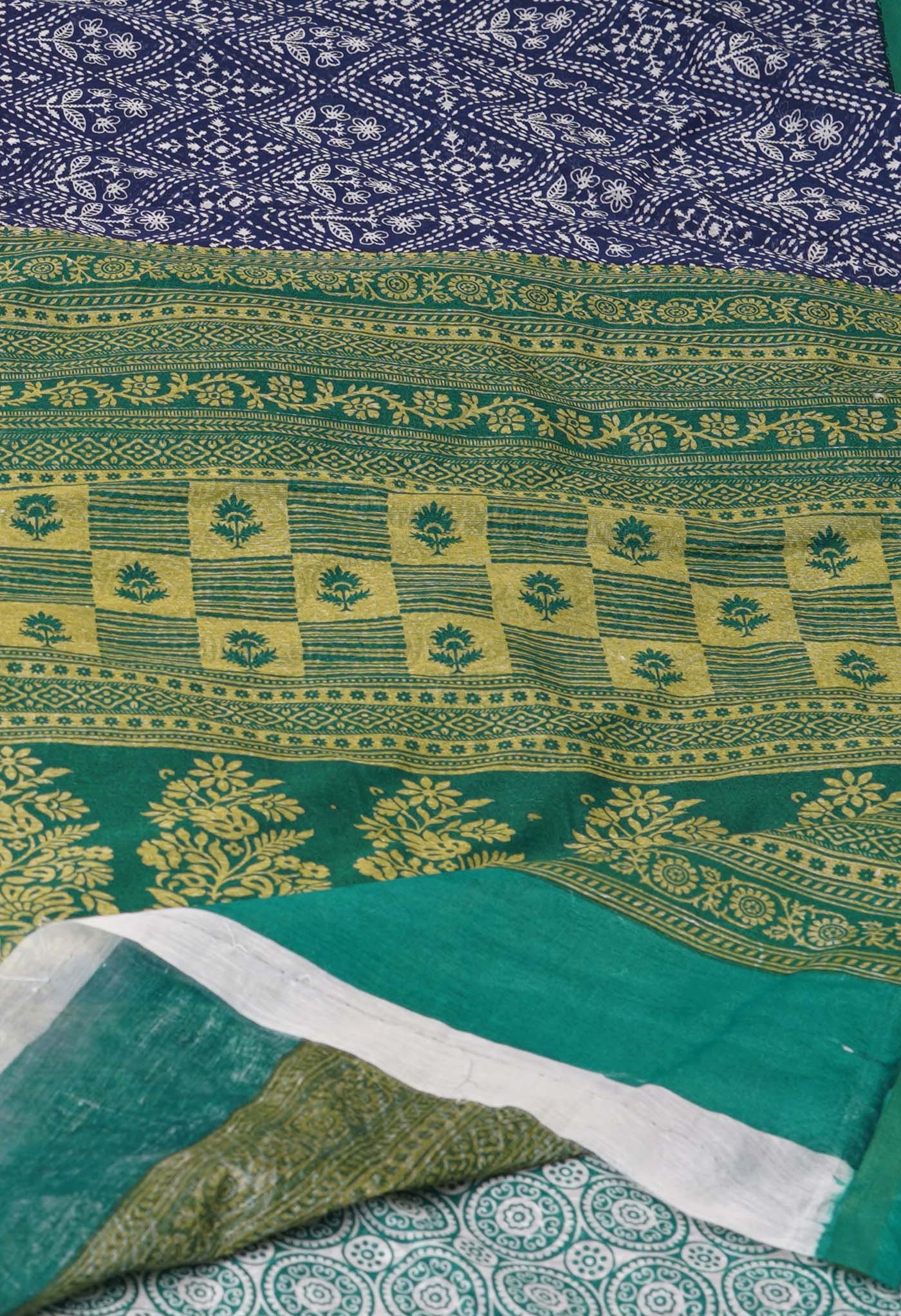 Navy Blue Screen Printed Chanderi Sico Saree