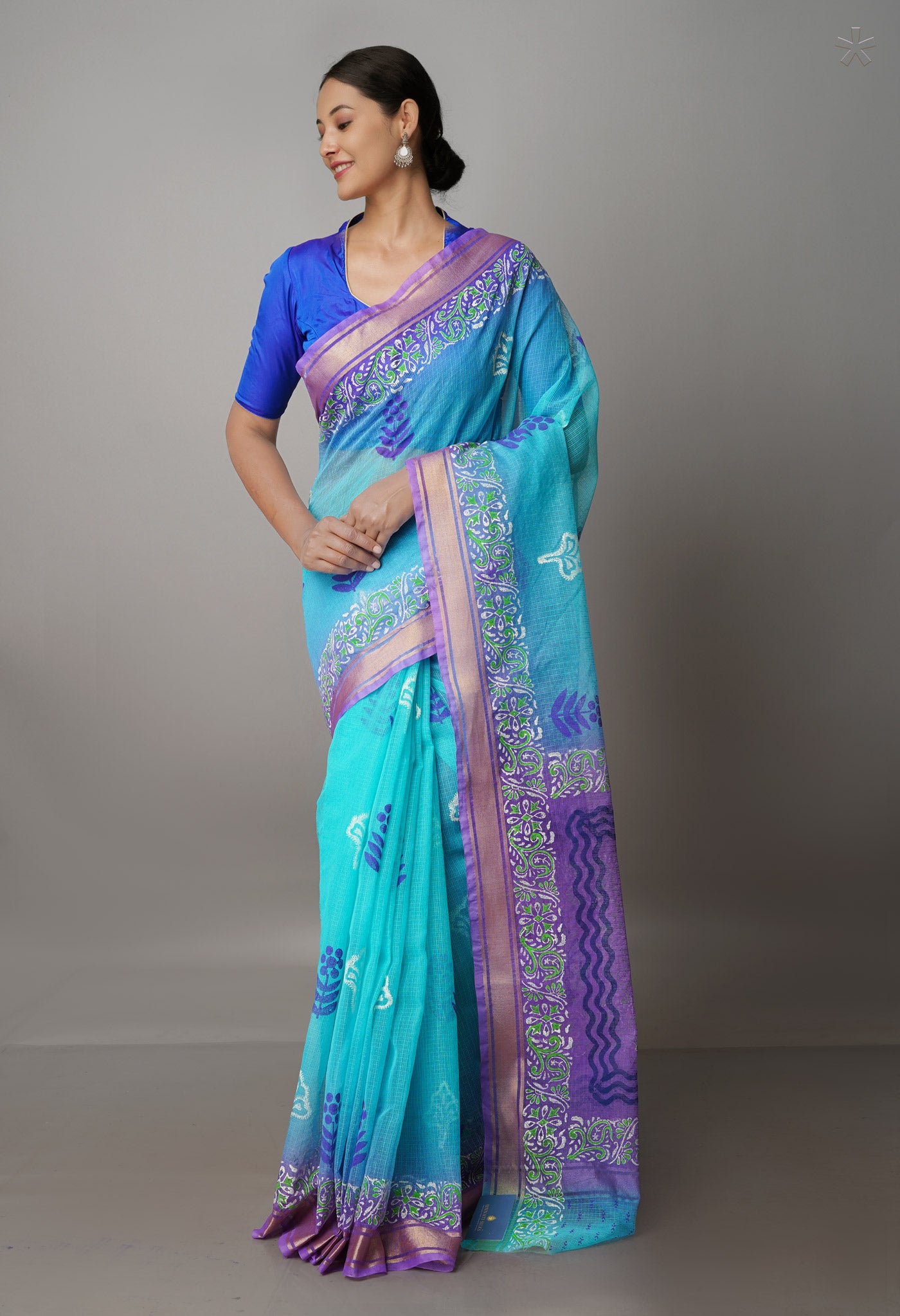 Turquoise Blue Pure Block Printed Kota Cotton Saree-UNM69913