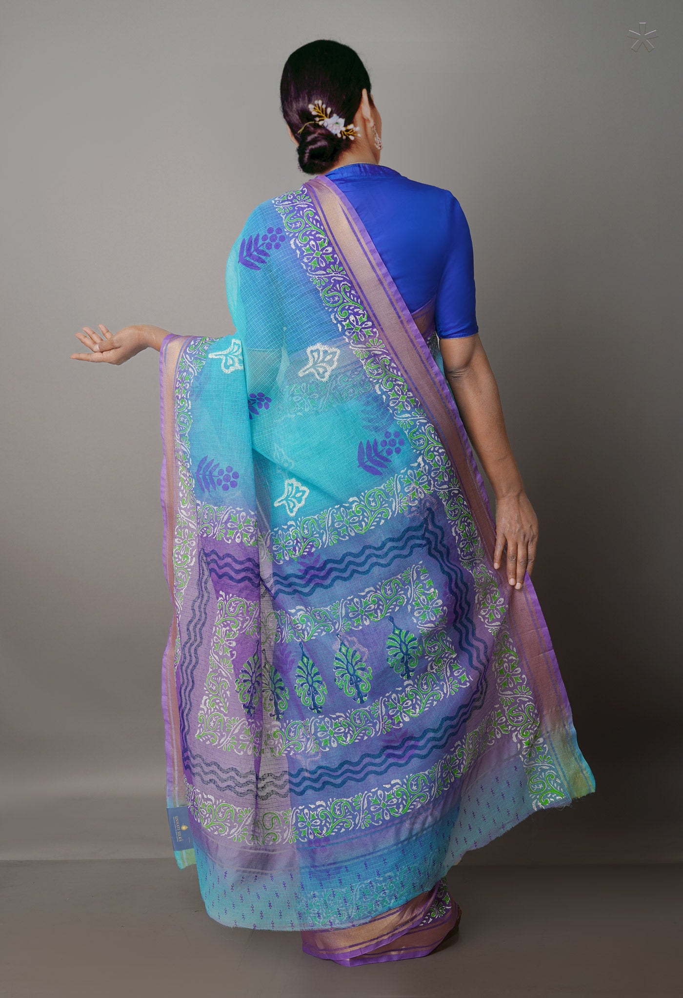 Turquoise Blue Pure Block Printed Kota Cotton Saree-UNM69913