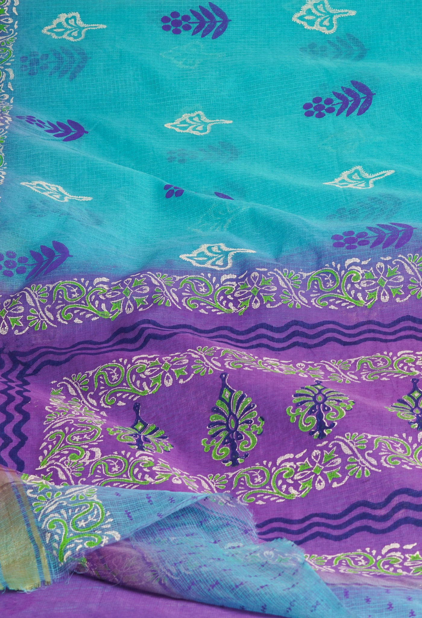 Turquoise Blue Pure Block Printed Kota Cotton Saree-UNM69913