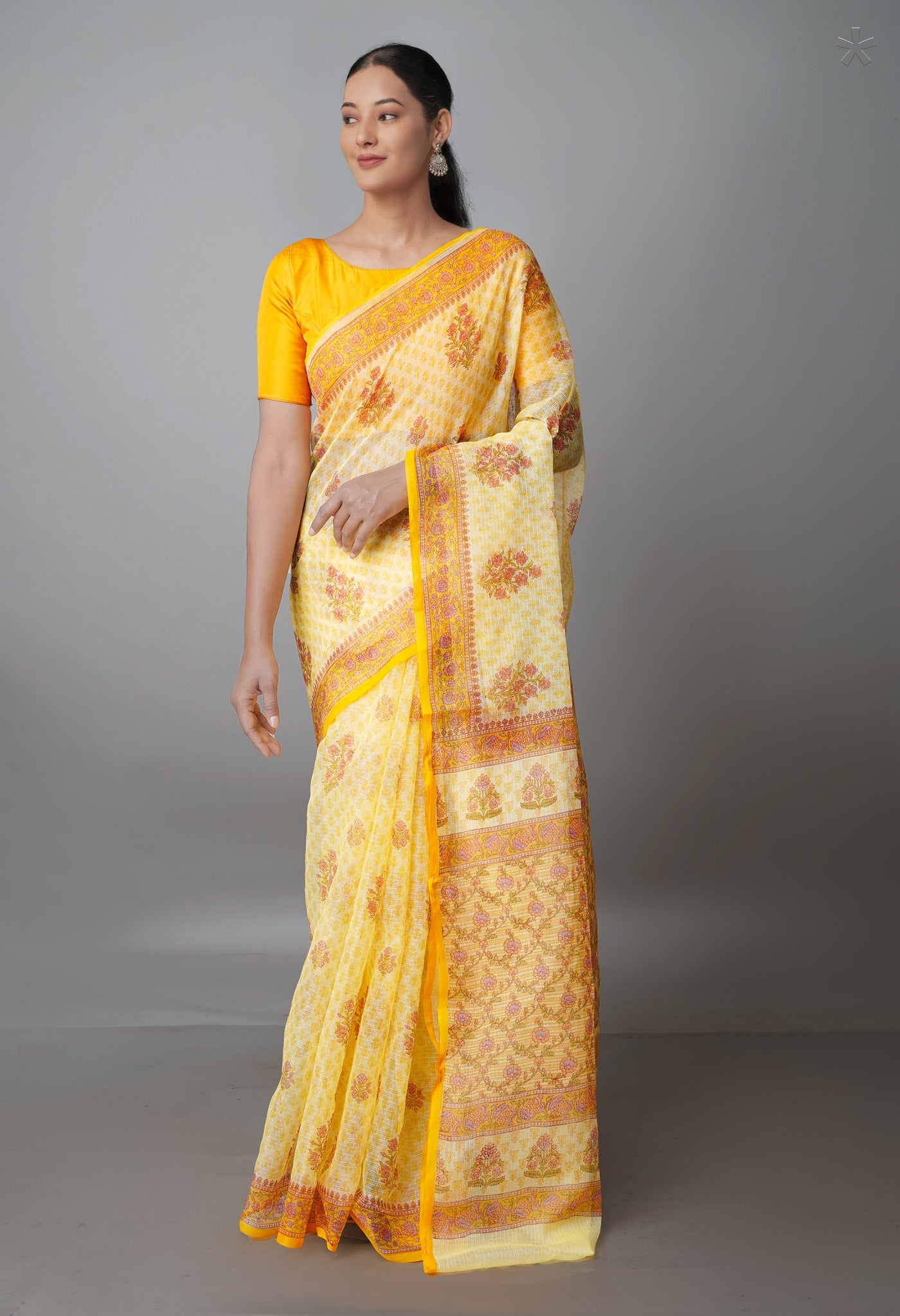 Pale Yellow Pure Block Printed Kota Cotton Saree-UNM69917