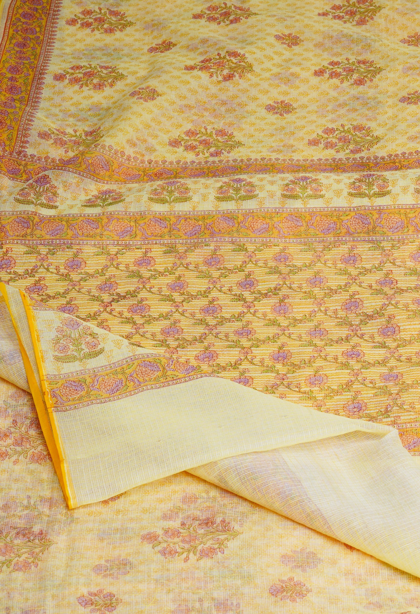 Pale Yellow Pure Block Printed Kota Cotton Saree-UNM69917