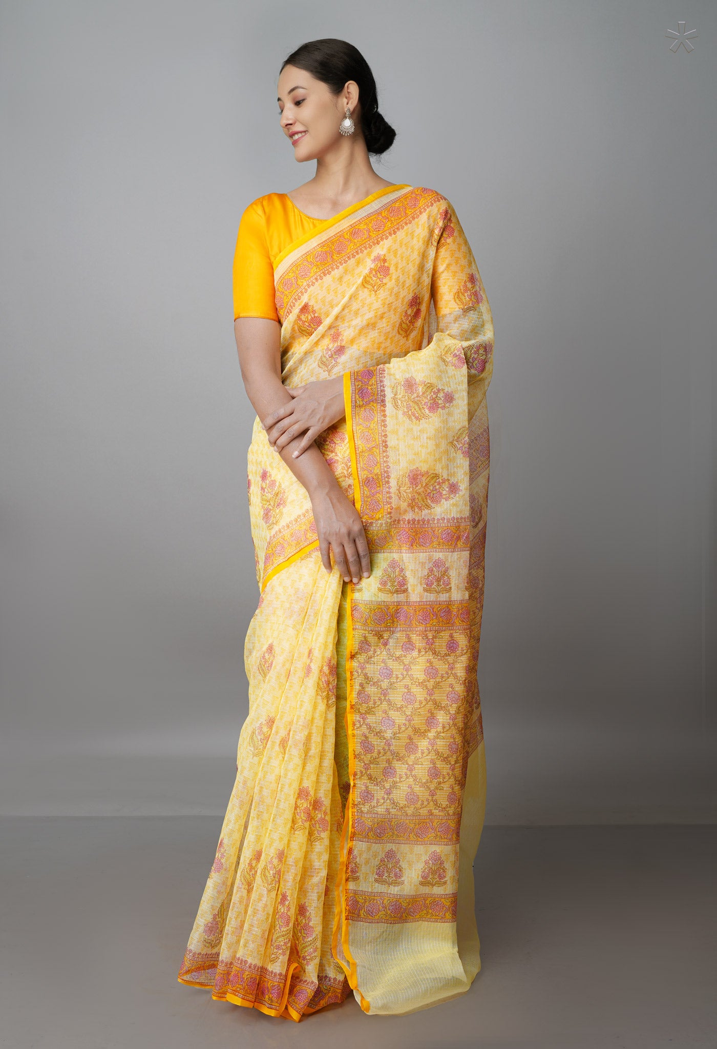 Pale Yellow Pure Block Printed Kota Cotton Saree-UNM69920