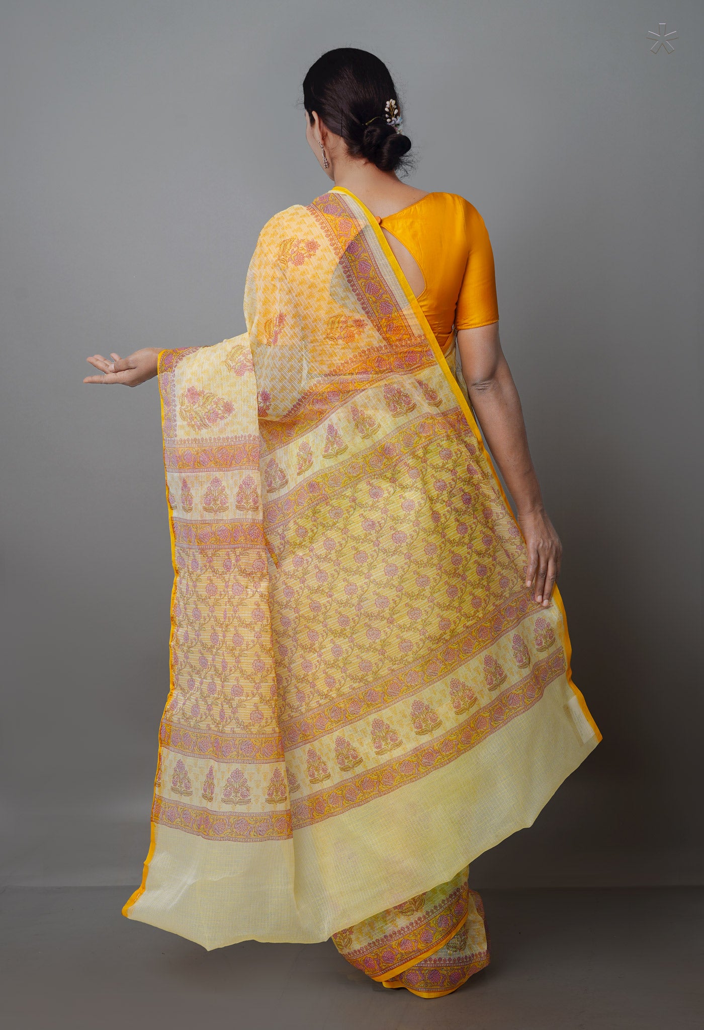 Pale Yellow Pure Block Printed Kota Cotton Saree-UNM69920