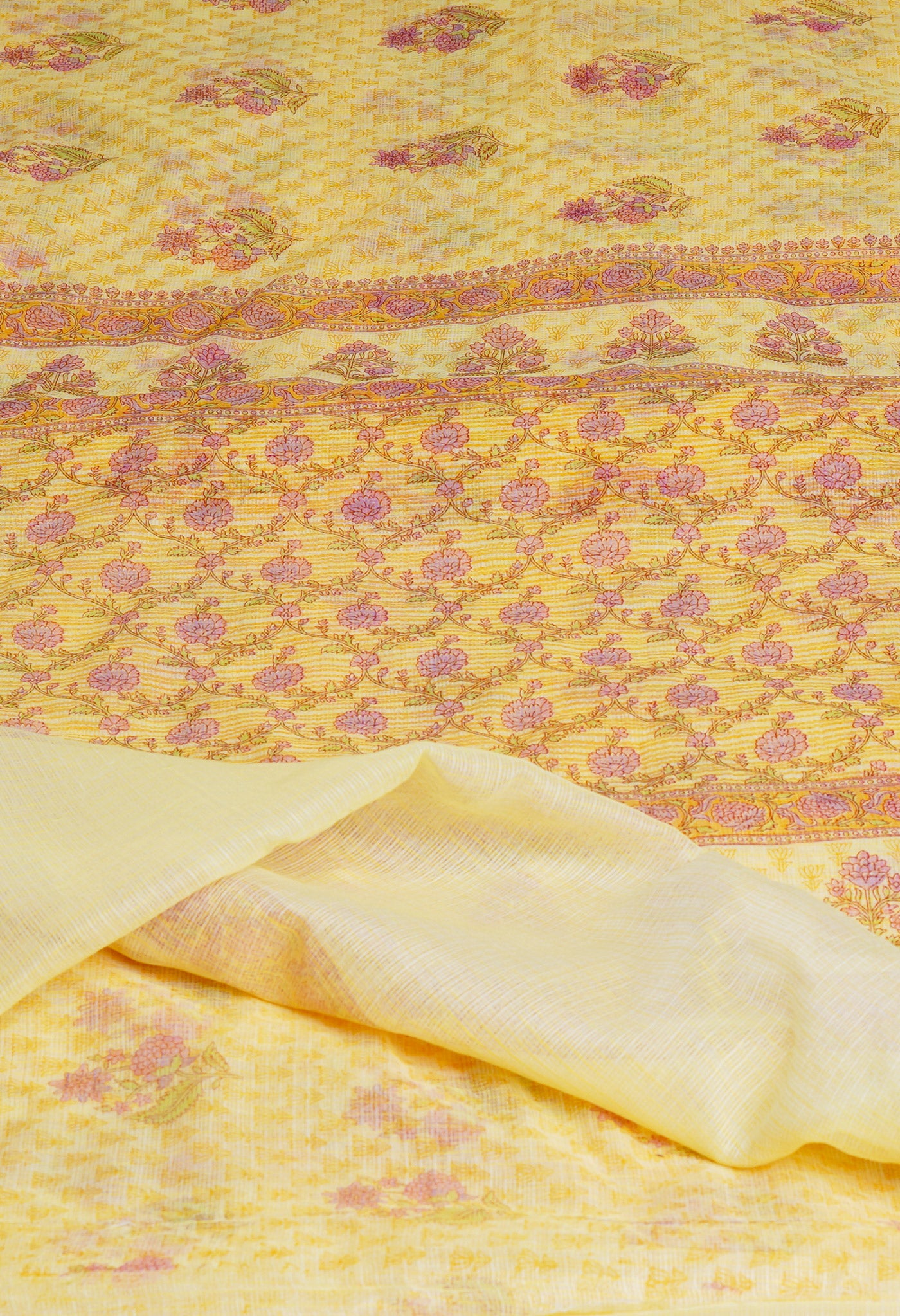 Pale Yellow Pure Block Printed Kota Cotton Saree-UNM69920
