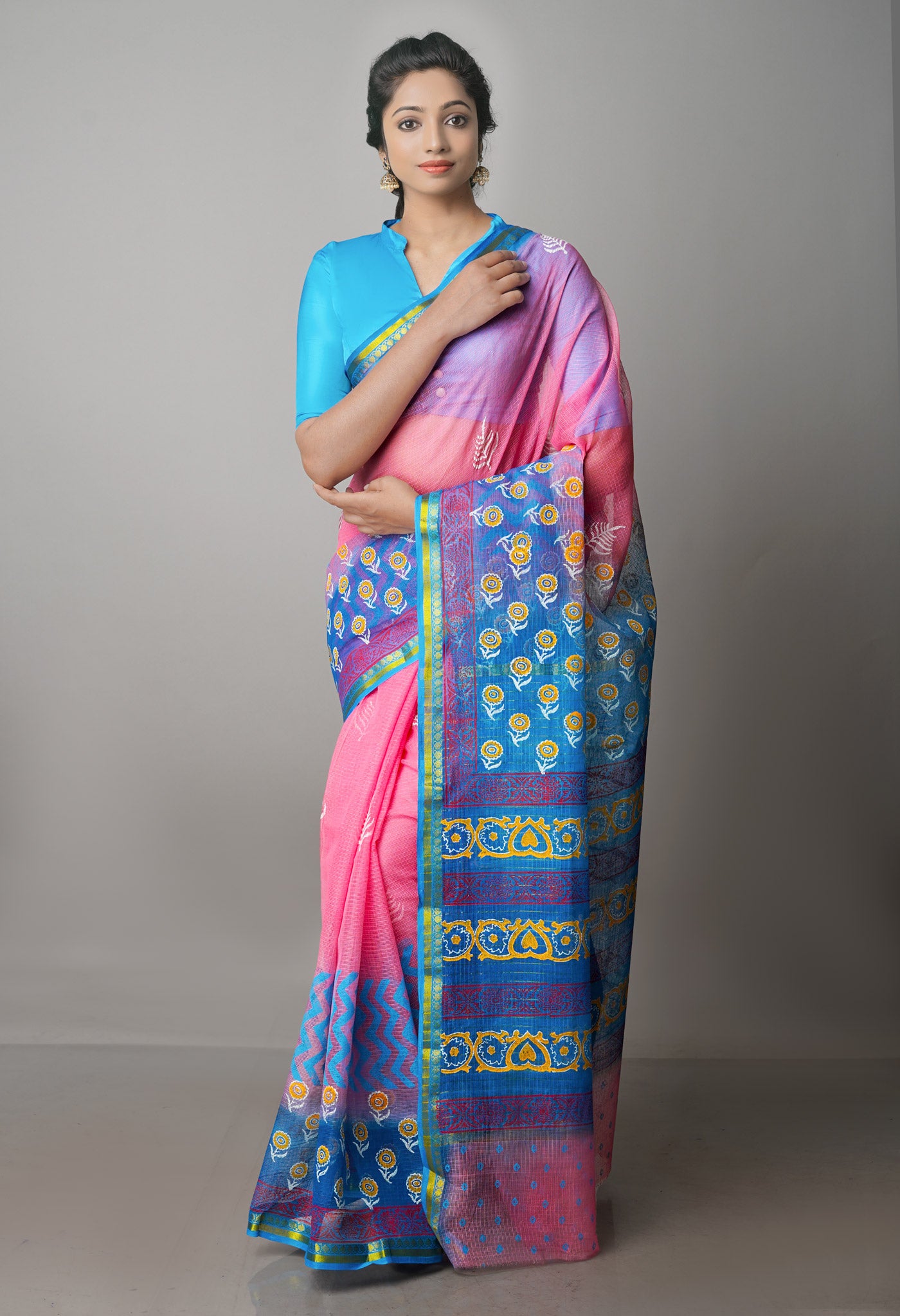 Peach Red Pure Block Printed Kota Cotton Saree