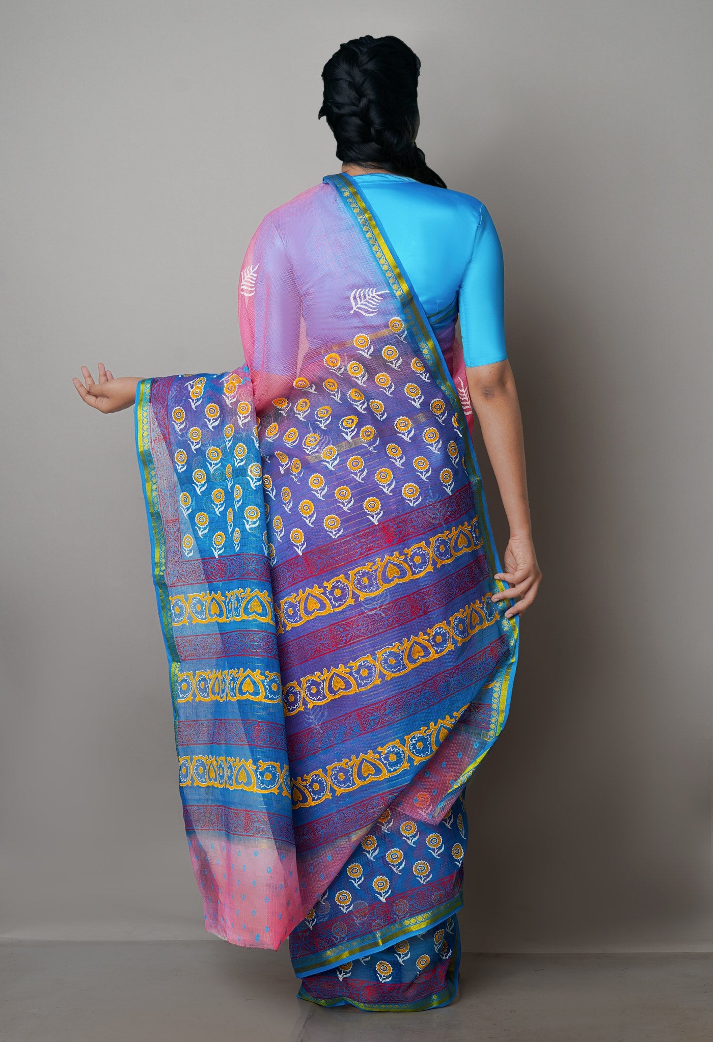 Peach Red Pure Block Printed Kota Cotton Saree
