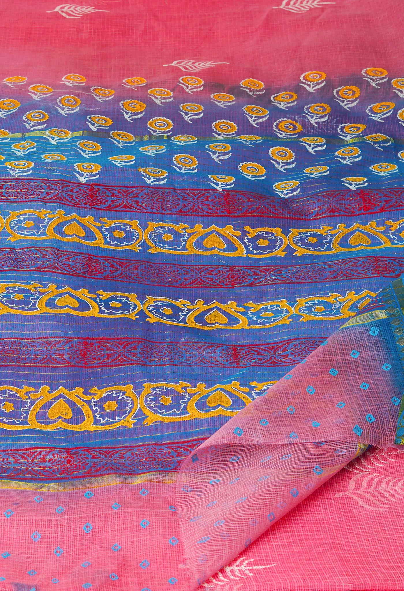 Peach Red Pure Block Printed Kota Cotton Saree