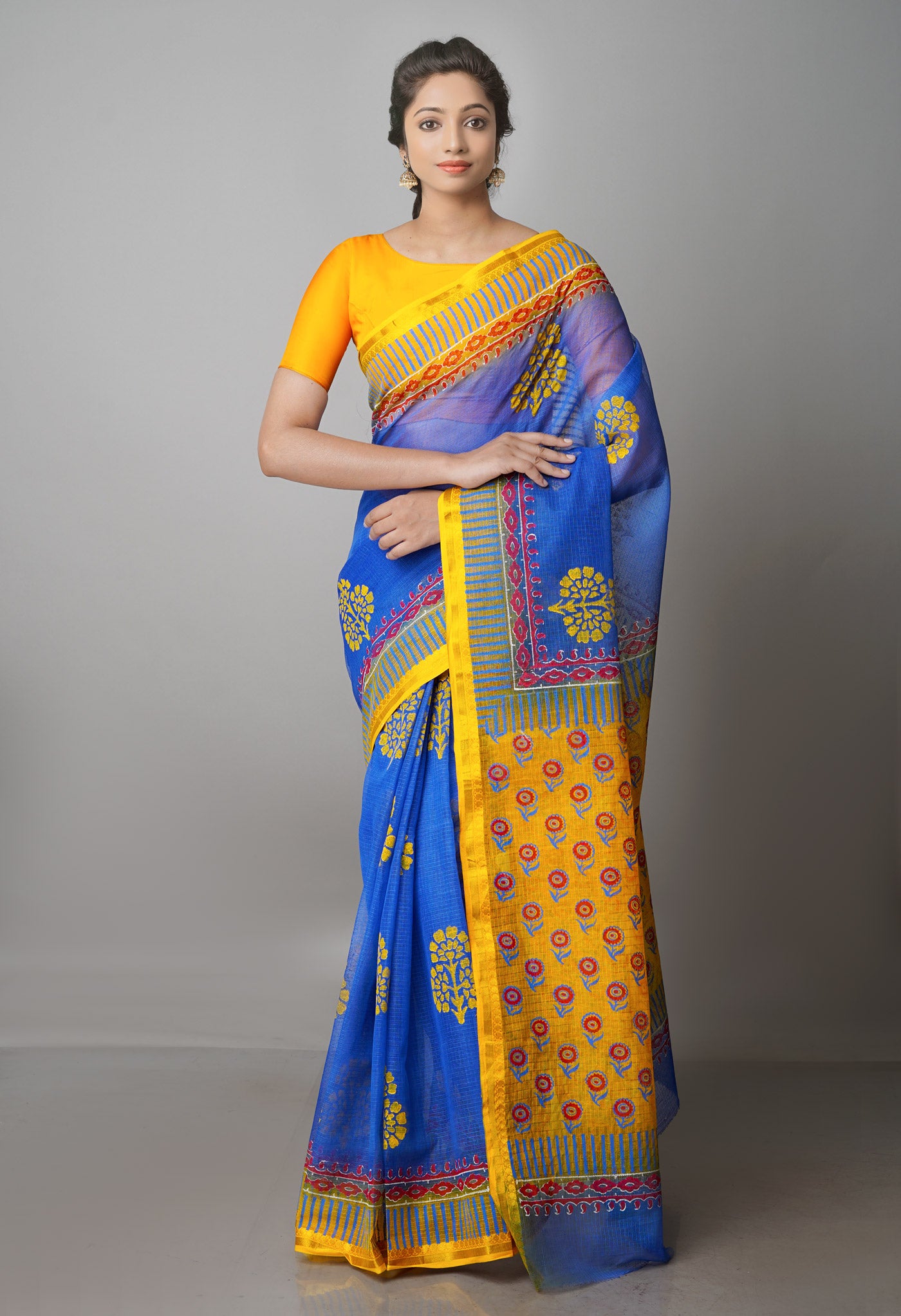 Dark Blue Pure Block Printed Kota Cotton Saree-UNM69948