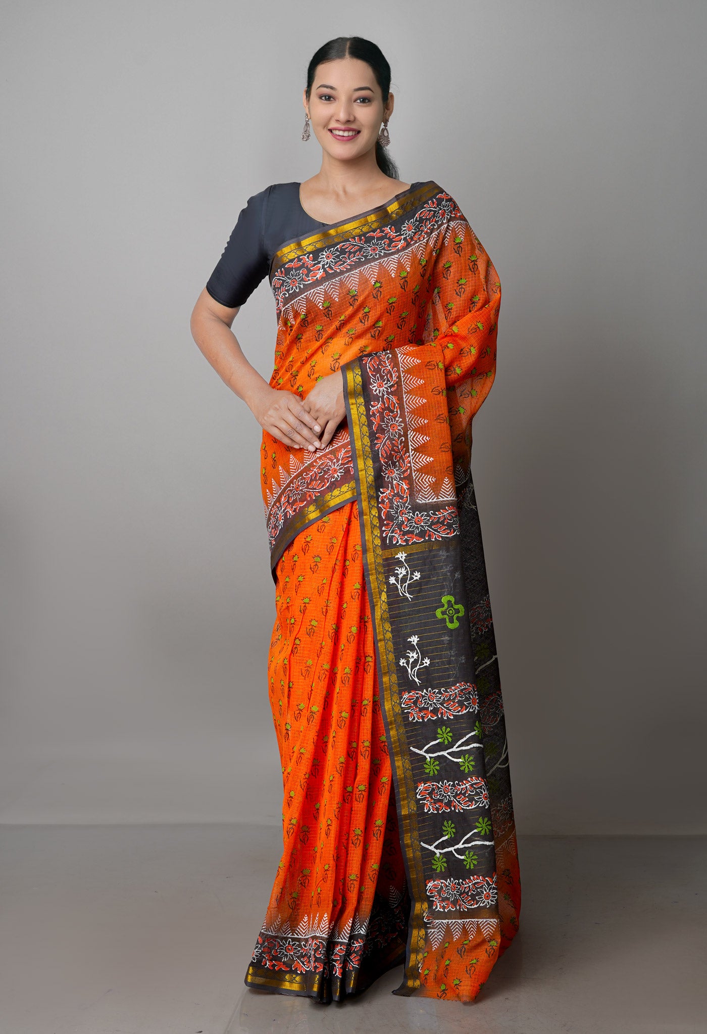 Orange Pure Block Printed Kota Cotton Saree-UNM69950