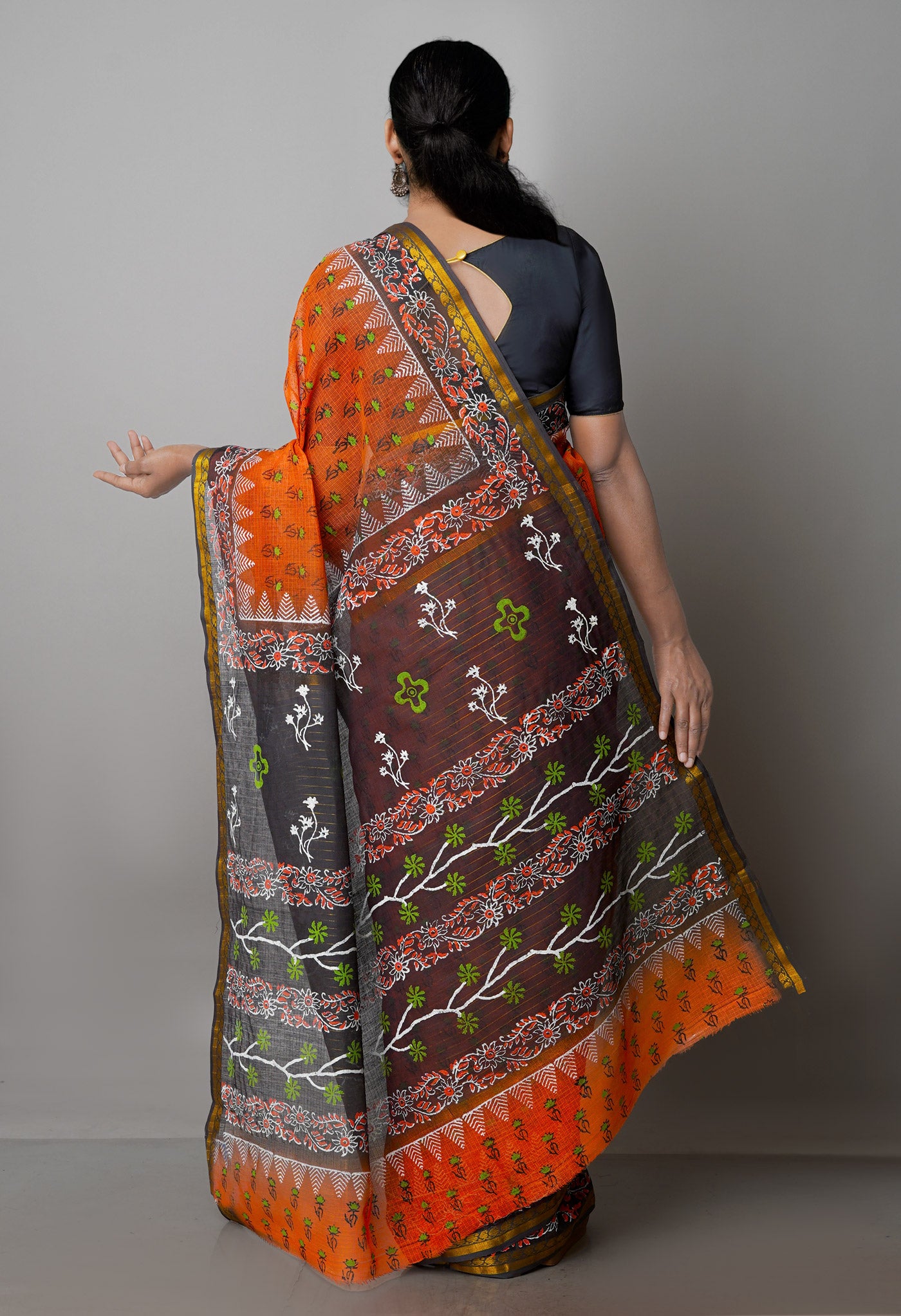 Orange Pure Block Printed Kota Cotton Saree-UNM69950