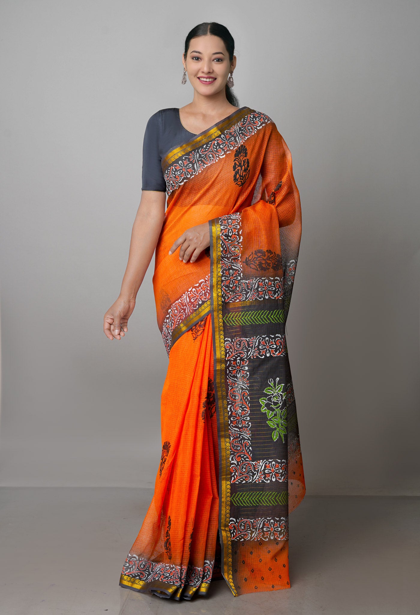 Orange Pure Block Printed Kota Cotton Saree