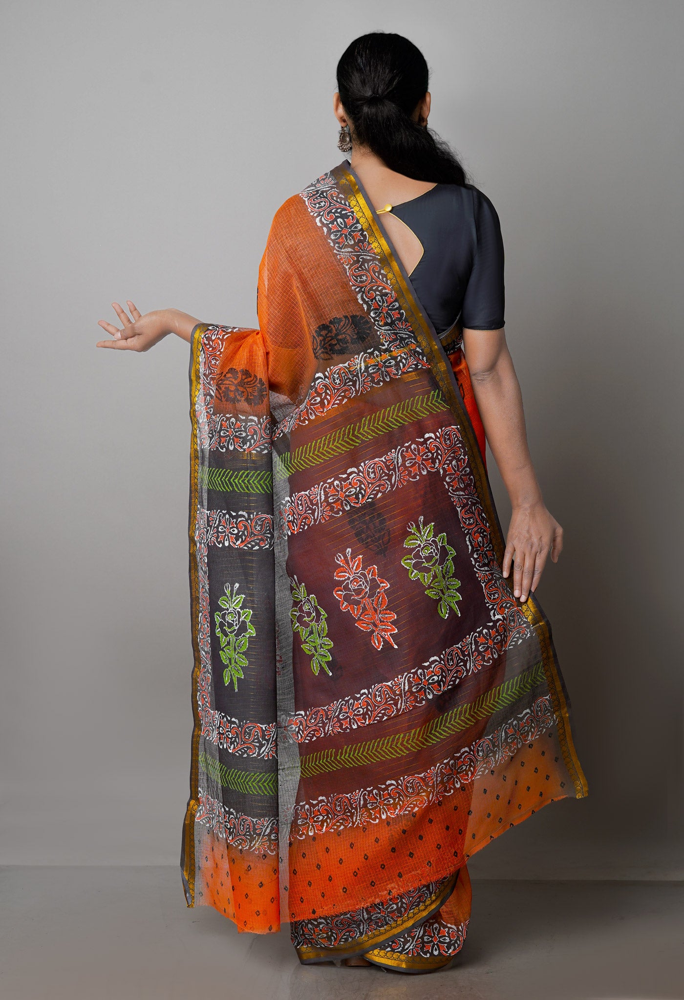 Orange Pure Block Printed Kota Cotton Saree